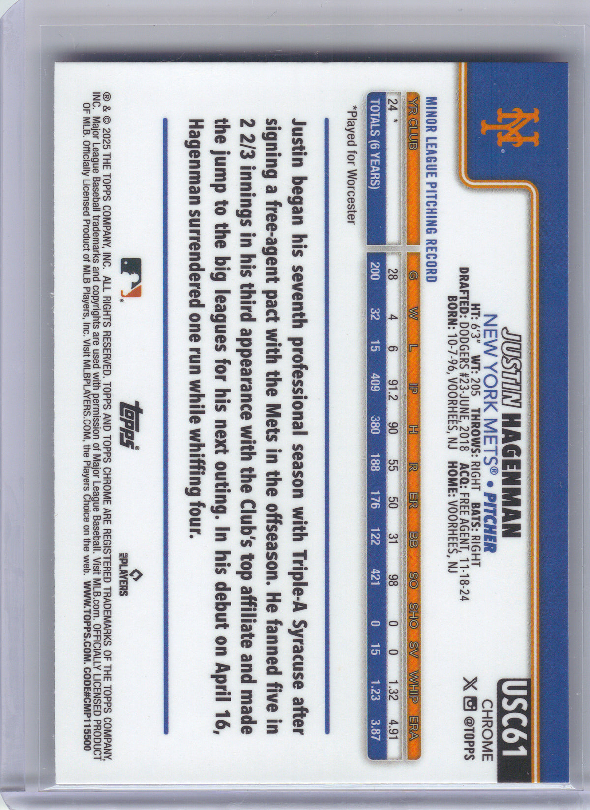 2025 Topps Chrome Update #USC61 Justin Hagenman New York Mets RC