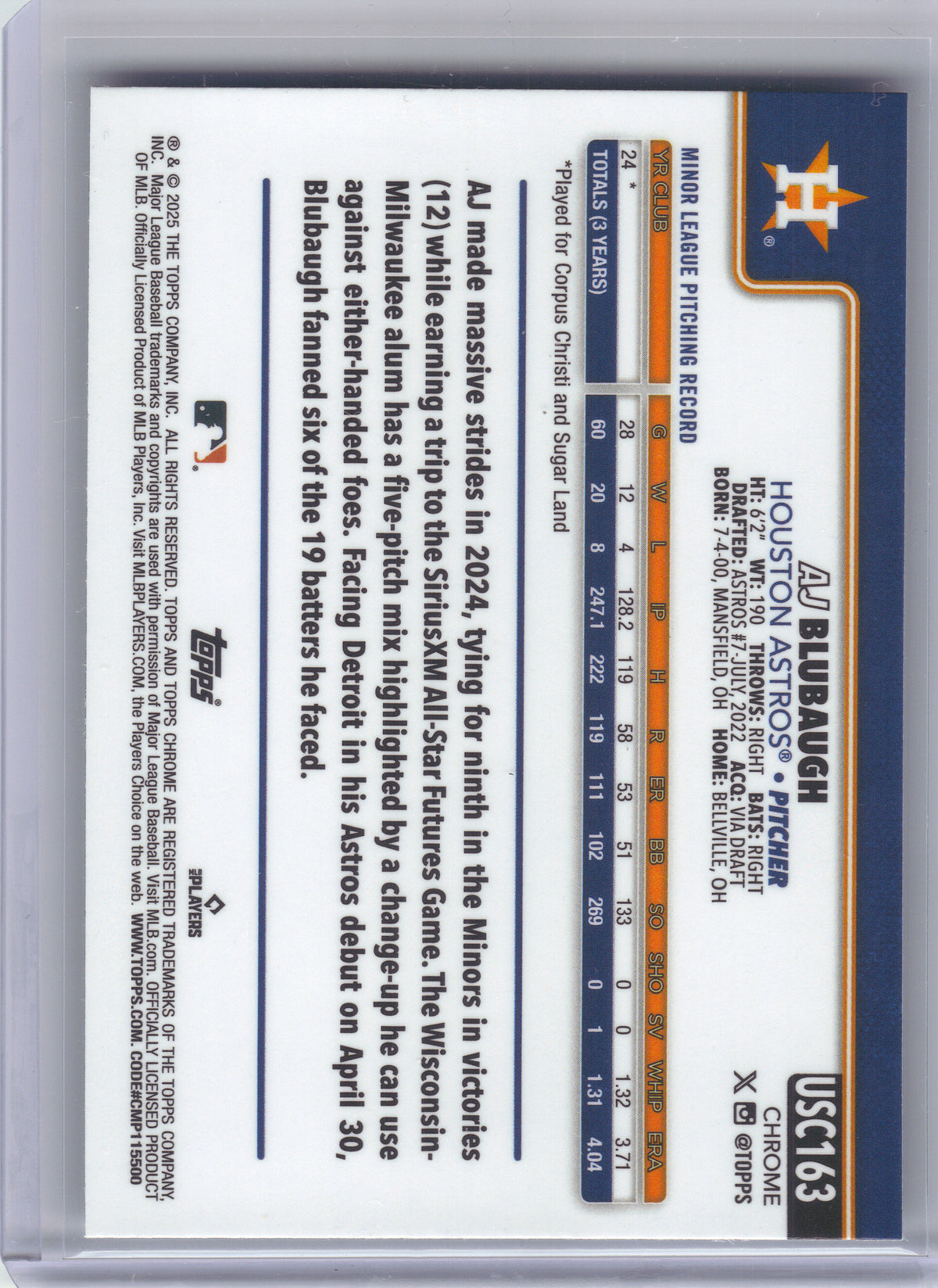 2025 Topps Chrome Update #USC163 AJ Blubaugh Houston Astros RC