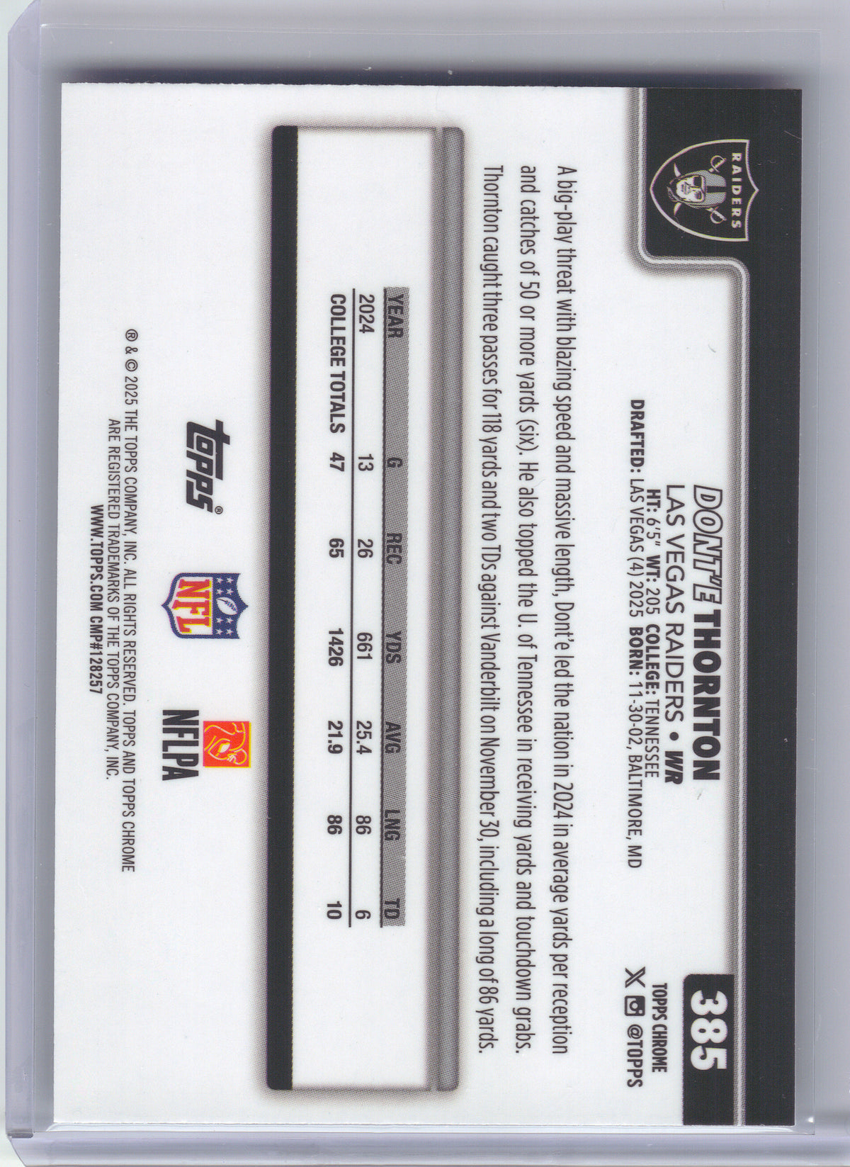 2025 Topps Chrome #385 Dont'e Thornton Jr. Las Vegas Raiders RC