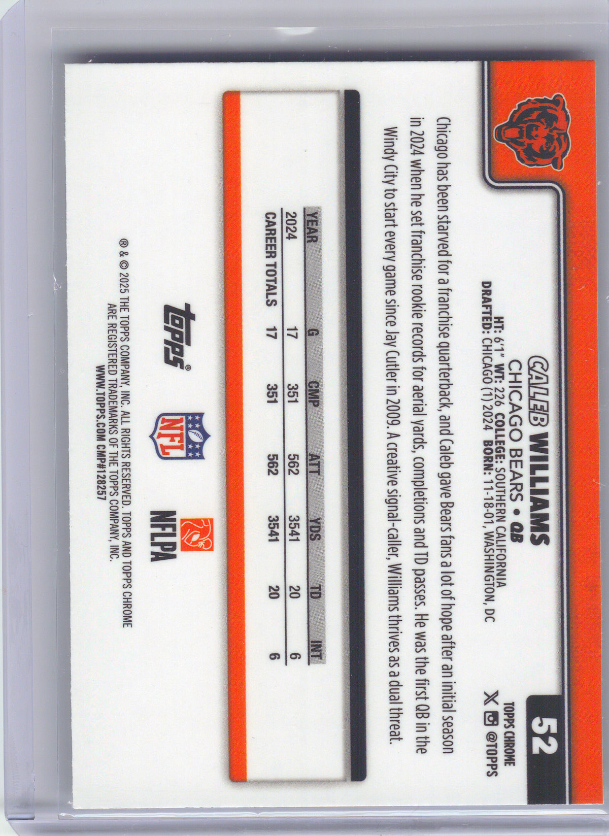 2025 Topps Chrome #52 Caleb Williams Chicago Bears