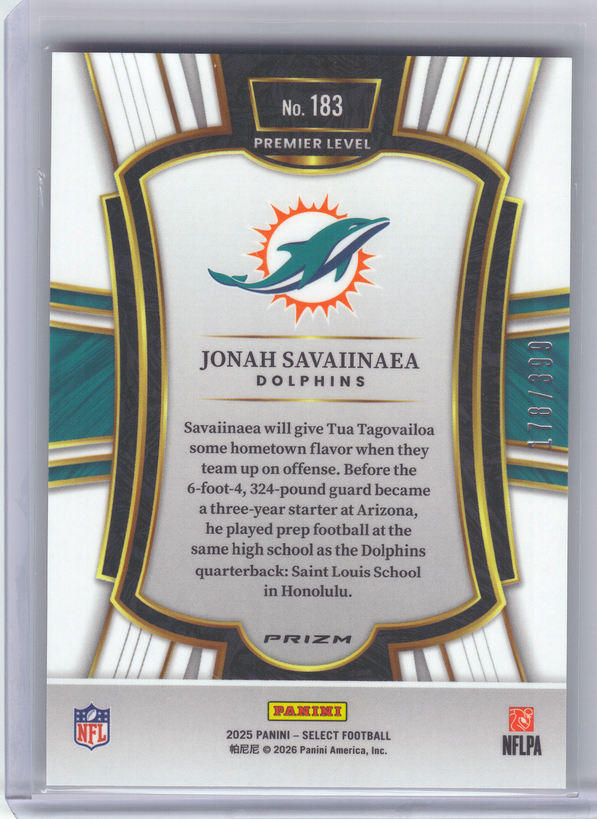 2025 Panini Select #183 Jonah Savaiinaea Orange Prizm Shock #/399 Miami Dolphins SN, RC