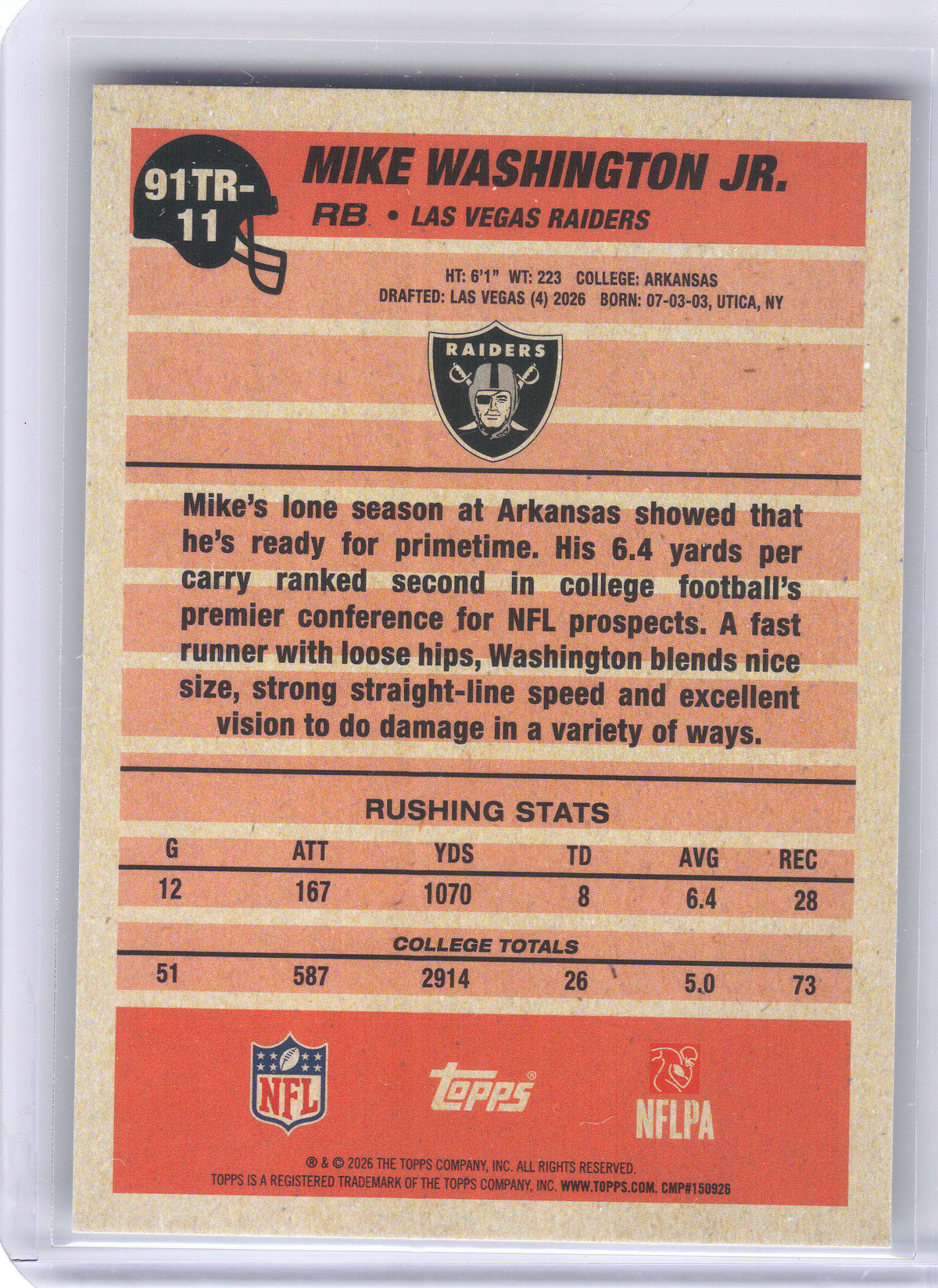 2026 Topps Flagship #91TR-11 Mike Washington Jr. 1991 Topps Football Rookies Las Vegas Raiders