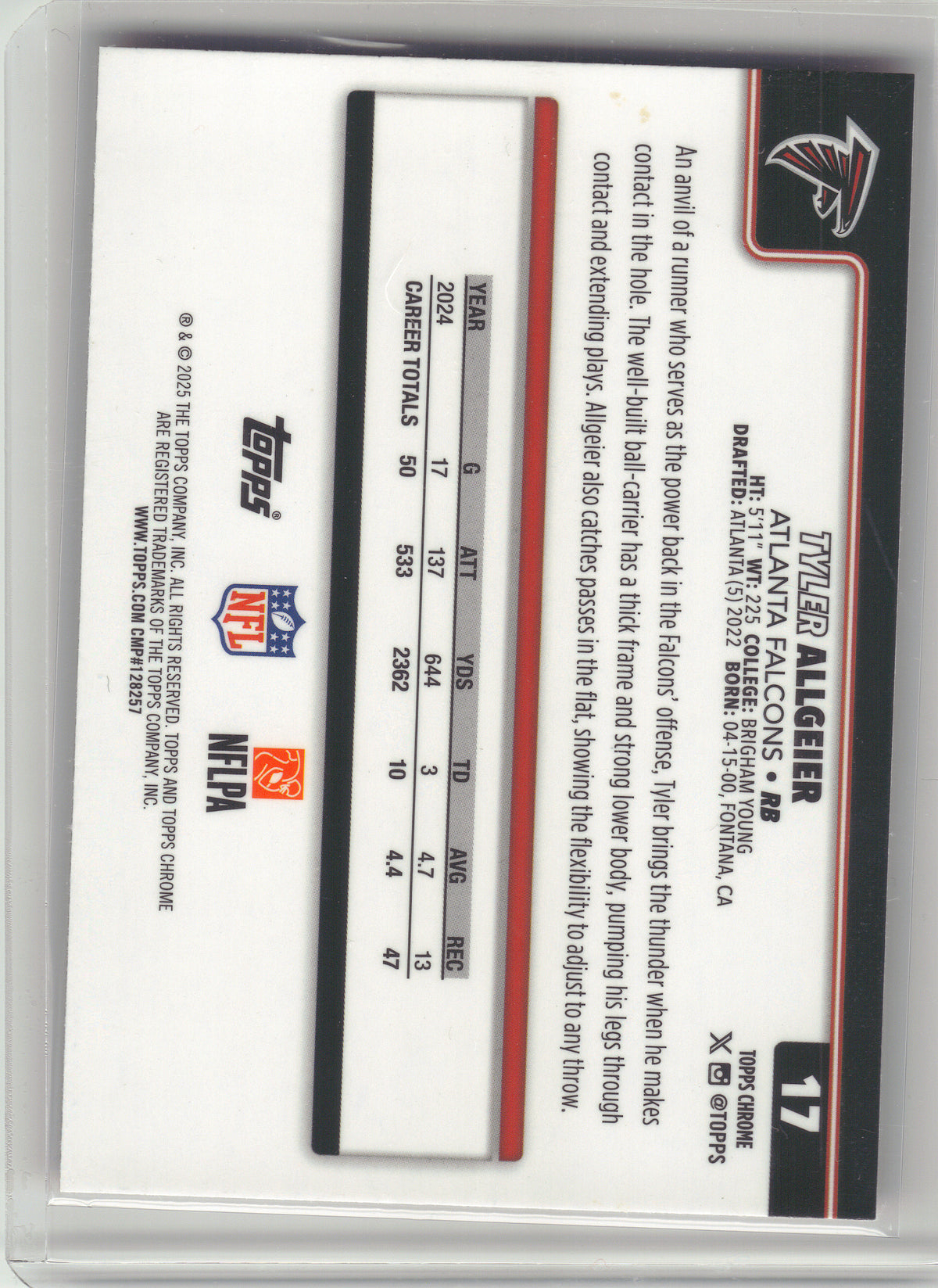 2025 Topps Chrome #17 Tyler Allgeier Hot Pink X-Fractor Atlanta Falcons