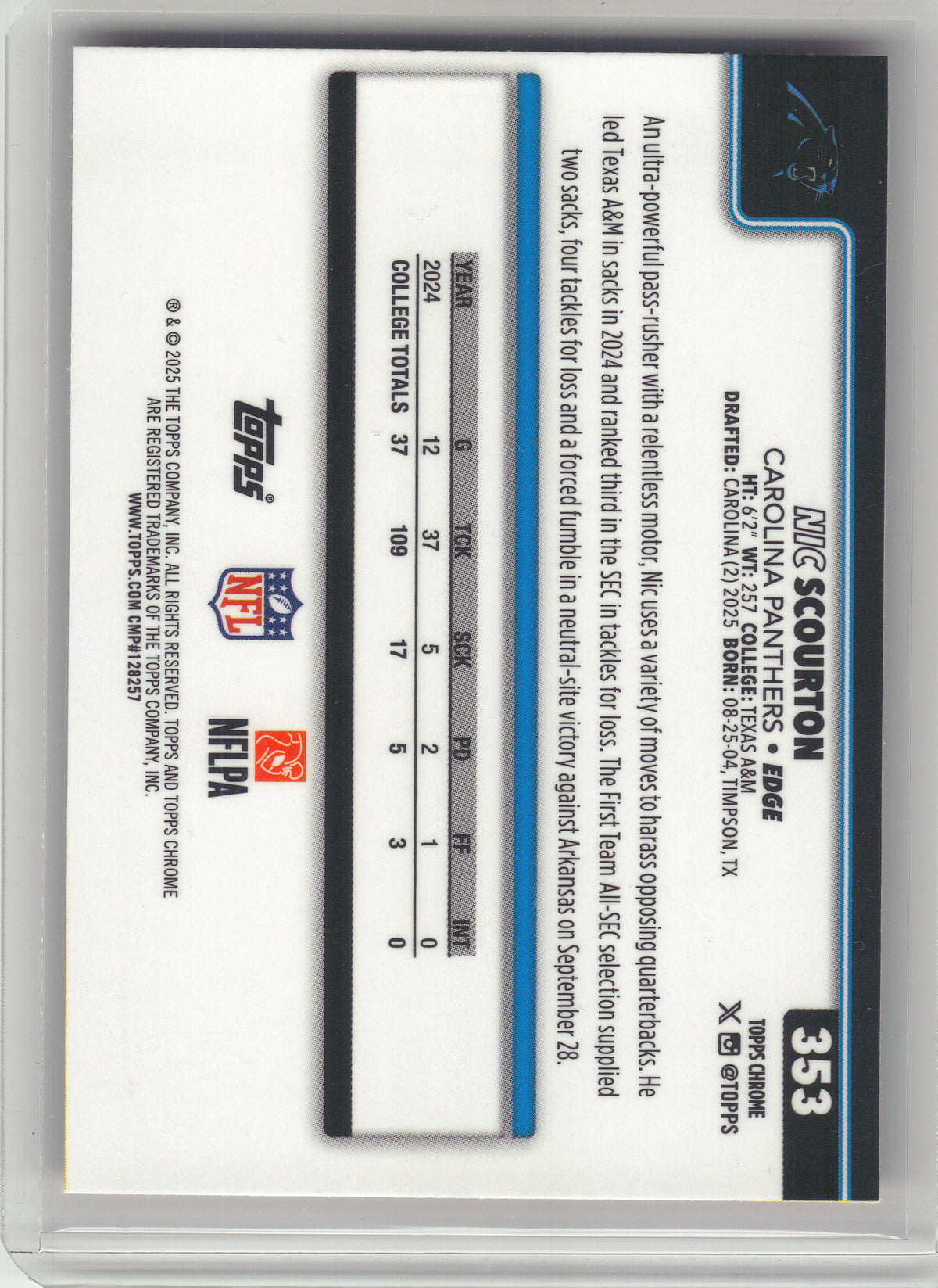2025 Topps Chrome #353 Nic Scourton Hot Pink X-Fractor Carolina Panthers RC