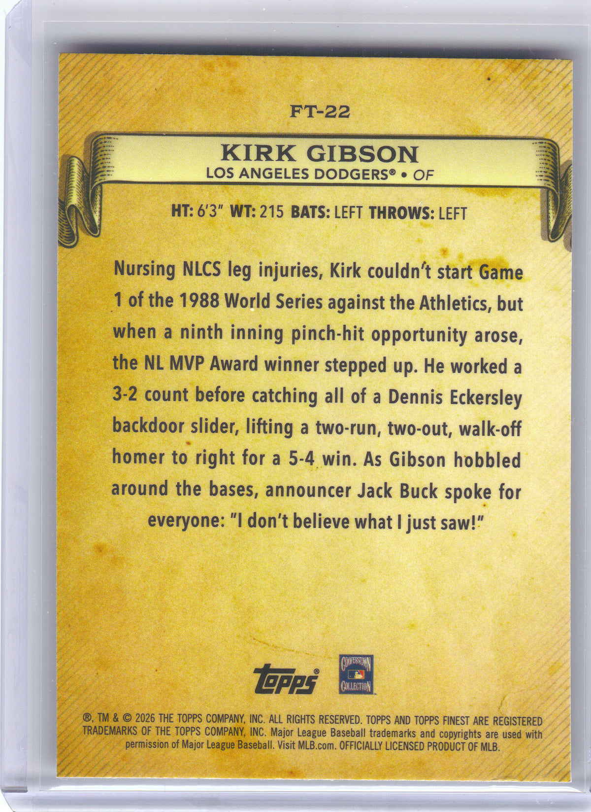2026 Finest #FT-22 Kirk Gibson Finest Timelines Los Angeles Dodgers