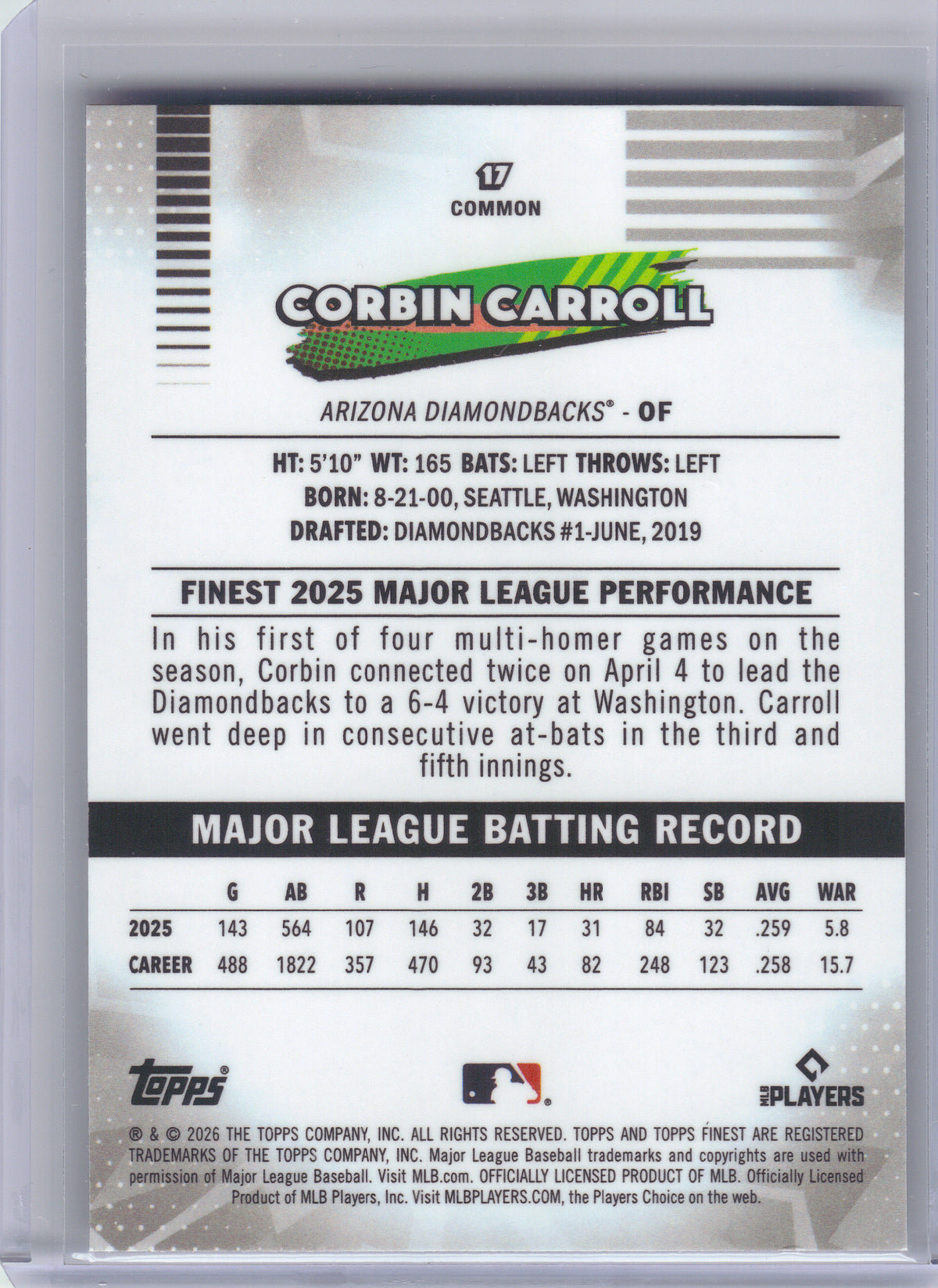 2026 Finest #17 Corbin Carroll Mini-Diamond Refractors Arizona Diamondbacks