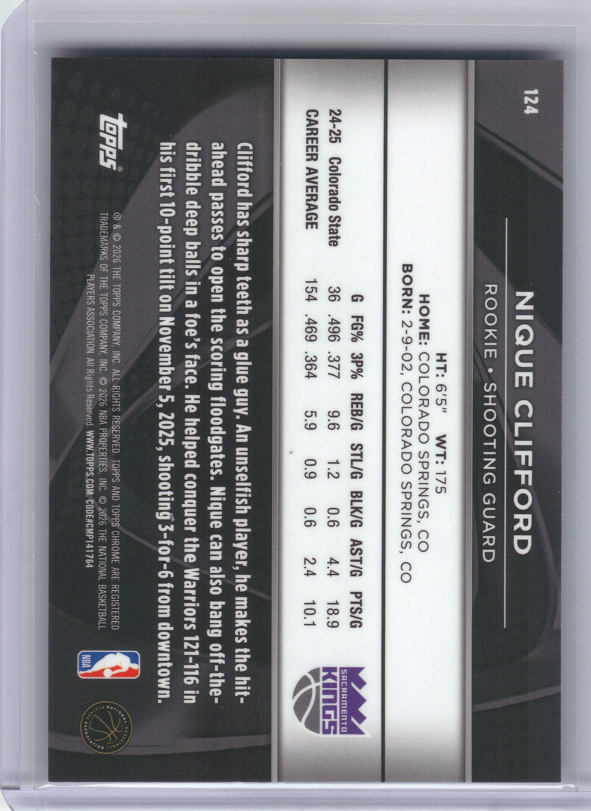 2025-26 Topps Chrome Black #124 Nique Clifford Blue Refractor #/150 Sacramento Kings SN, RC