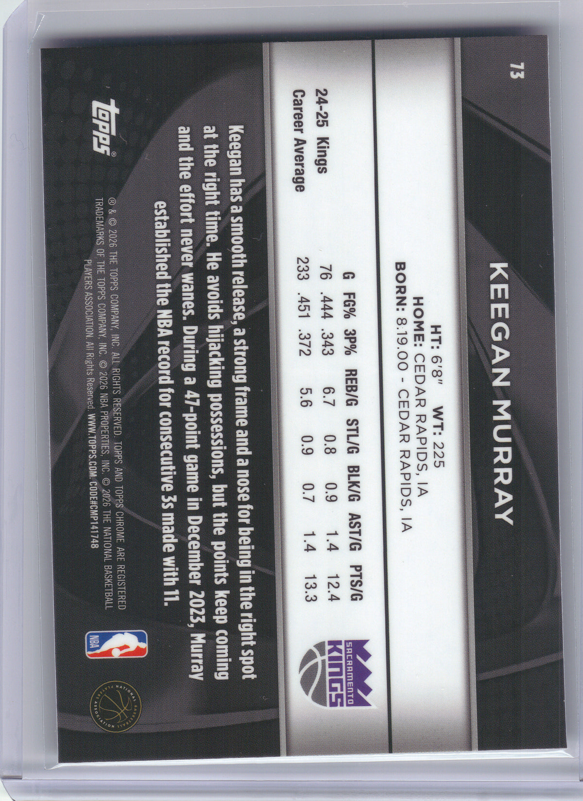 2025-26 Topps Chrome Black #73 Keegan Murray Sacramento Kings
