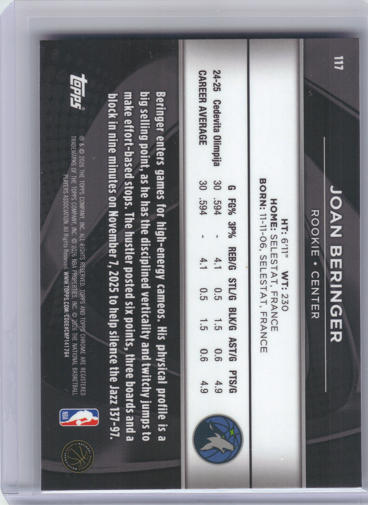 2025-26 Topps Chrome Black #117 Joan Beringer Minnesota Timberwolves RC