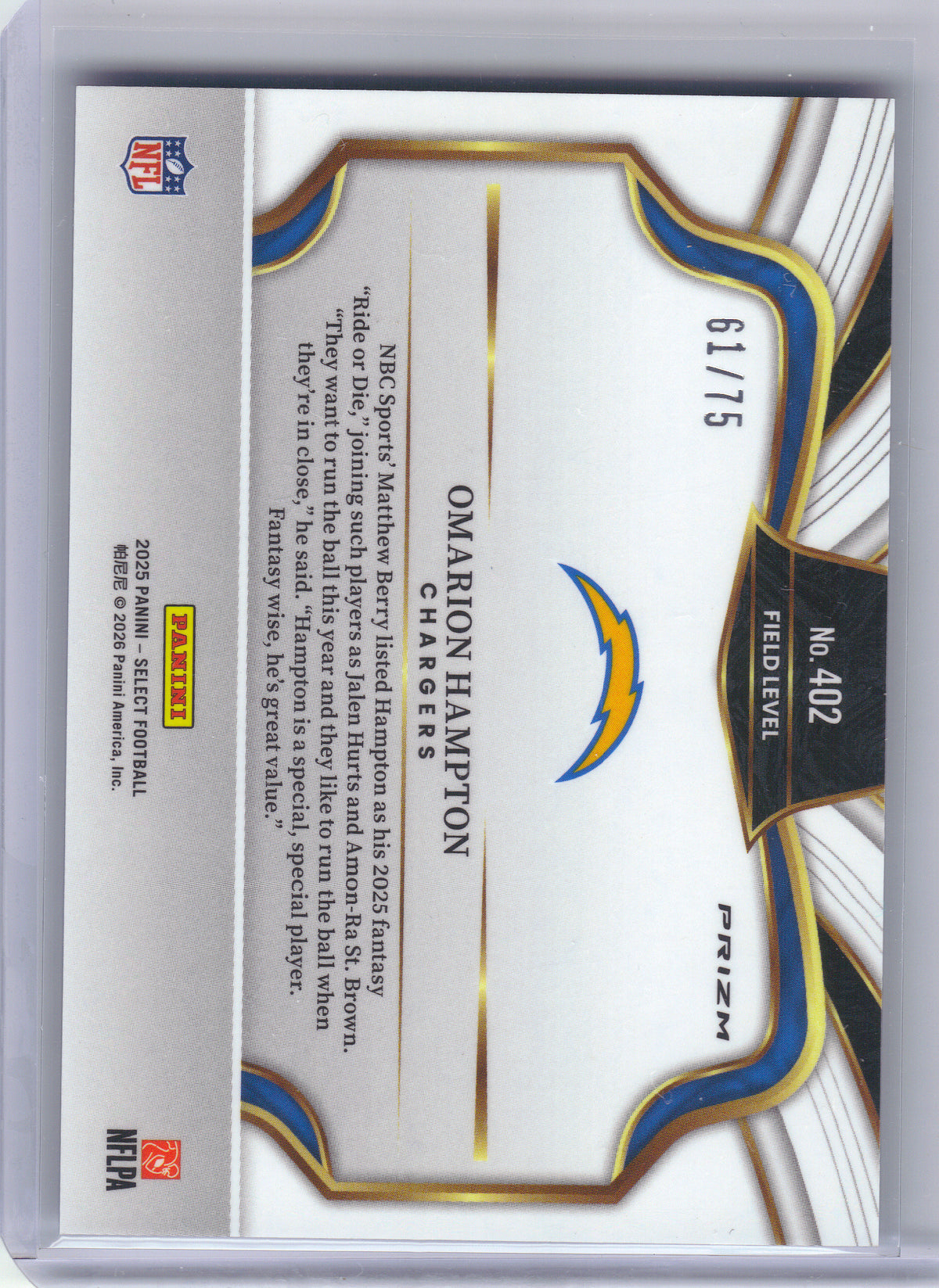 2025 Panini Select #402 Omarion Hampton Blue Prizm #/75 Los Angeles Chargers SN