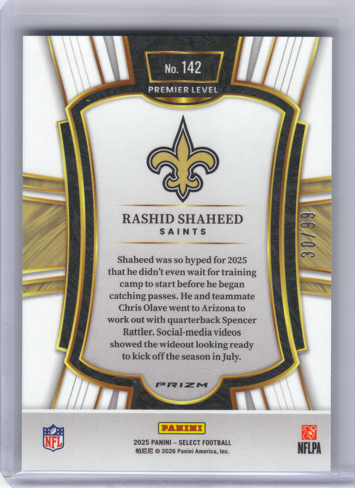 2025 Panini Select #142 Rashid Shaheed Light Blue Prizm #/99 New Orleans Saints SN