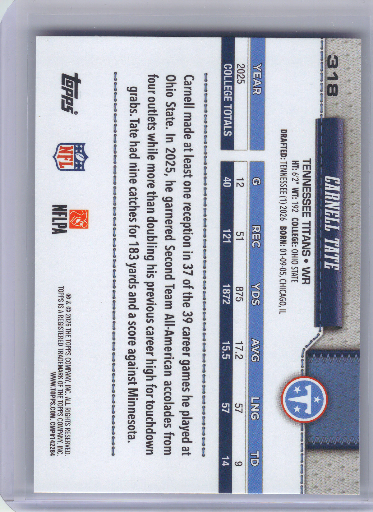 2026 Topps Flagship #318 Carnell Tate Tennessee Titans RC