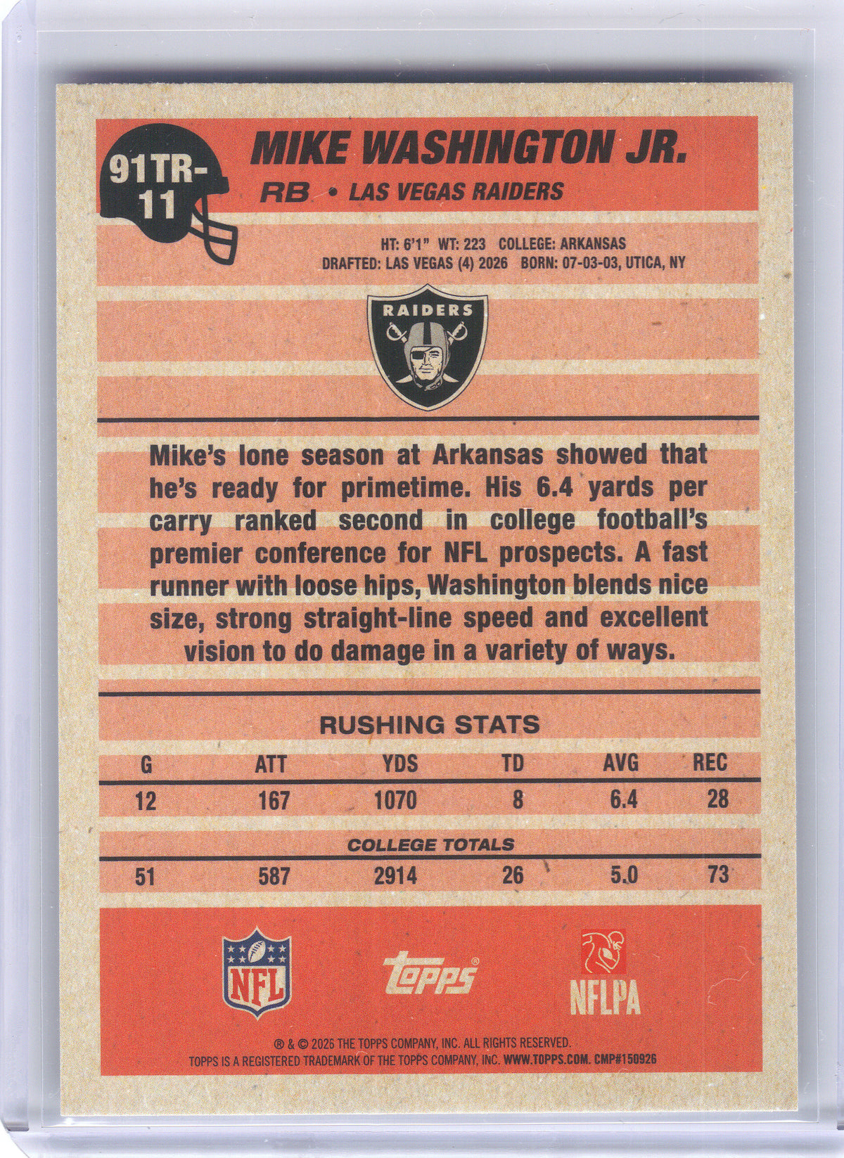2026 Topps Flagship #91TR-11 Mike Washington Jr. 1991 Topps Football Rookies Crackle Las Vegas Raiders