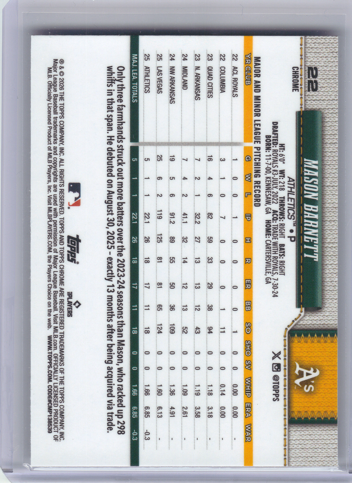 2026 Topps Chrome #22 Mason Barnett Athletics RC