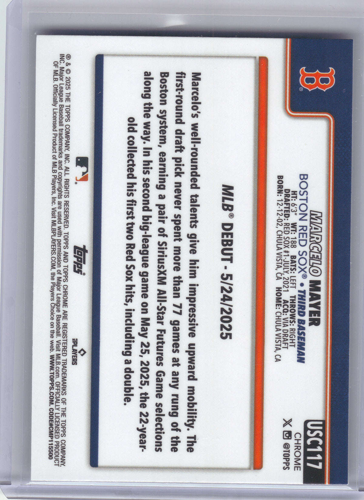 2025 Topps Chrome Update #USC117 Marcelo Mayer Boston Red Sox