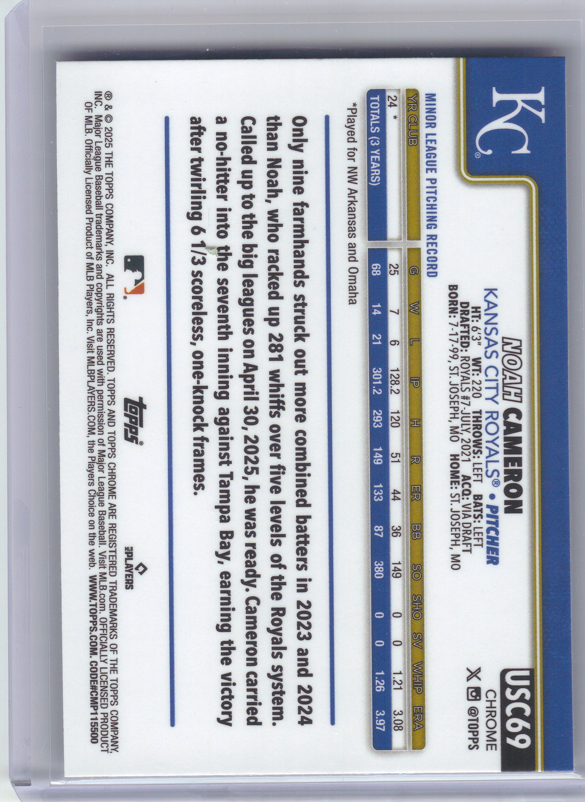 2025 Topps Chrome Update #USC69 Noah Cameron Kansas City Royals RC
