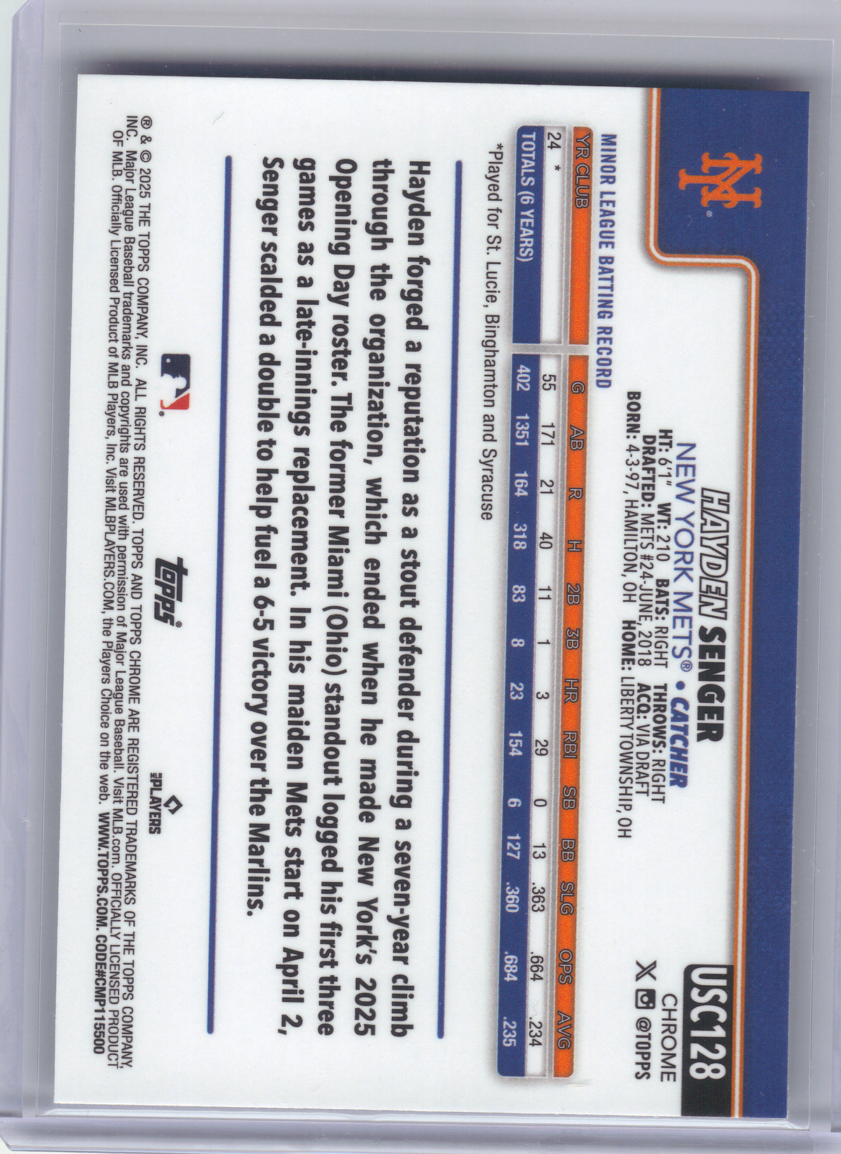2025 Topps Update #US126 Hayden Senger Sandglitter New York Mets RC