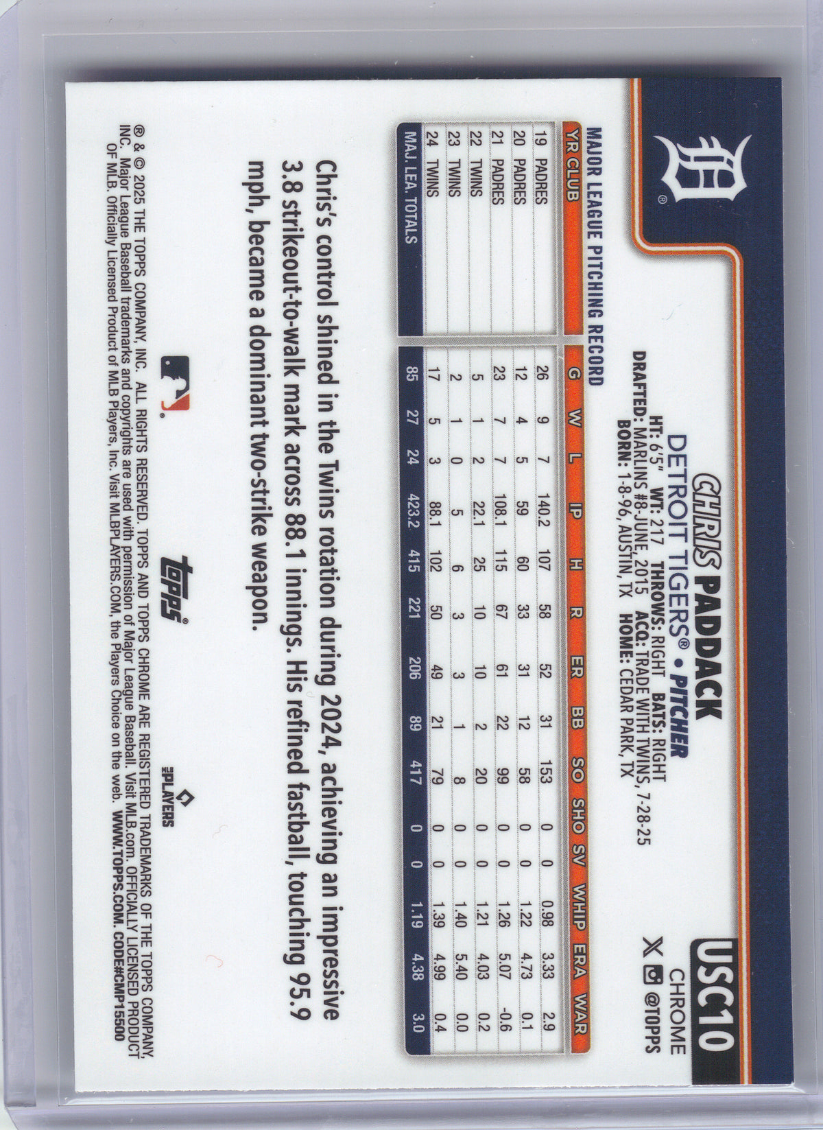 2025 Topps Chrome Update #USC10 Chris Paddack Sepia Refractor Detroit Tigers