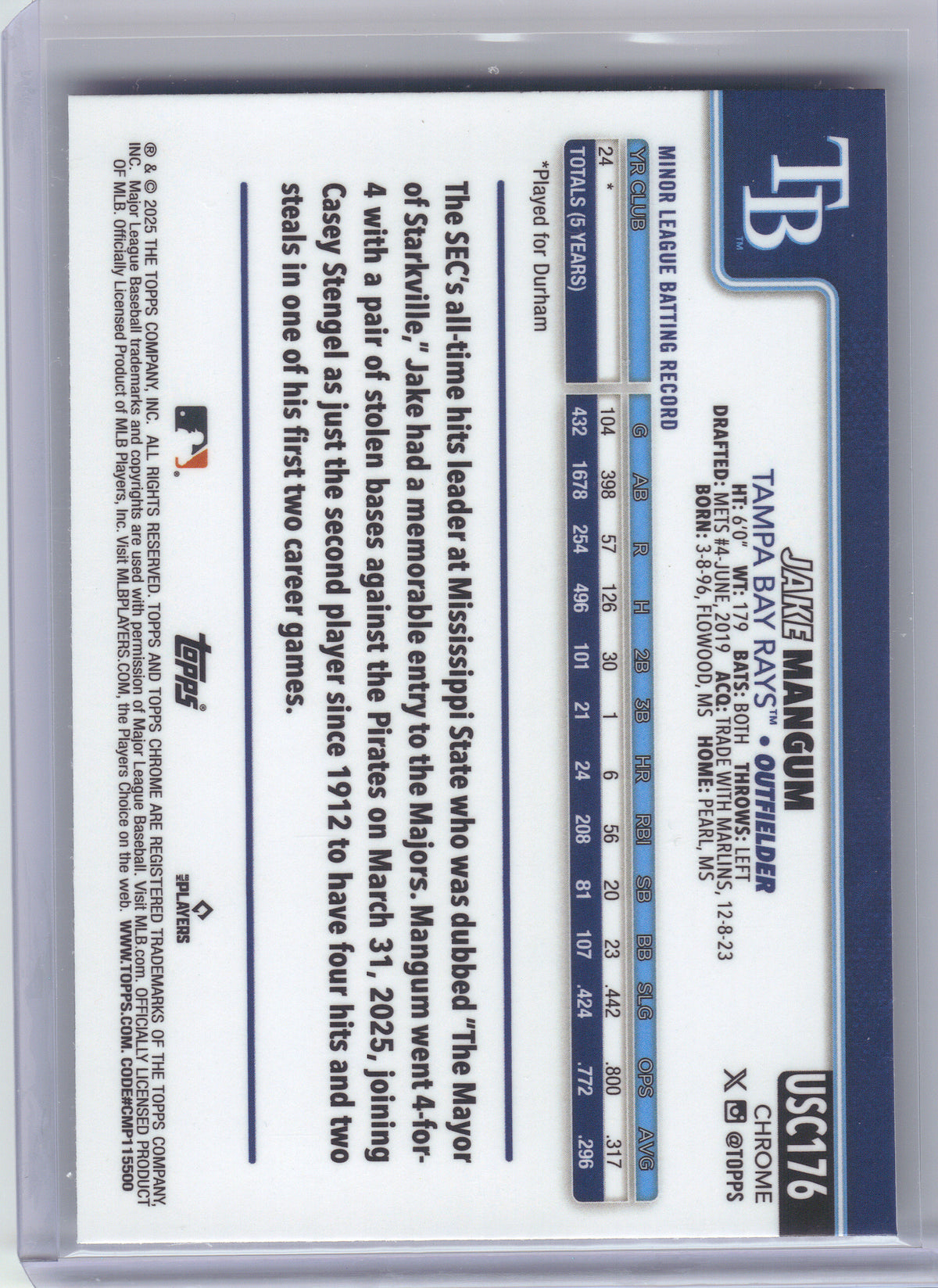 2025 Topps Chrome Update #USC176 Jake Mangum Tampa Bay Rays RC
