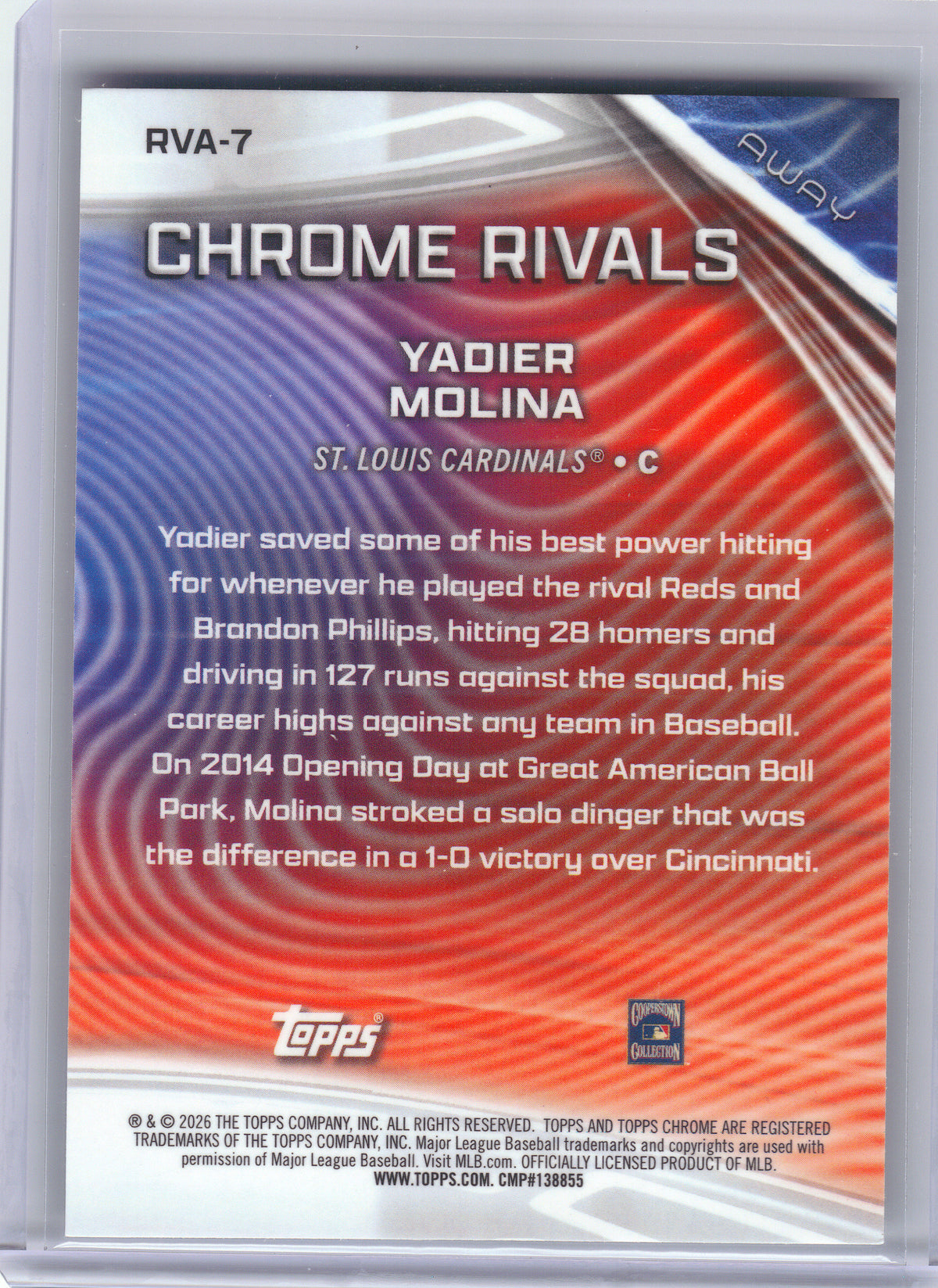 2026 Topps Chrome #RVA-7 Yadier Molina Chrome Rivals Away St. Louis Cardinals