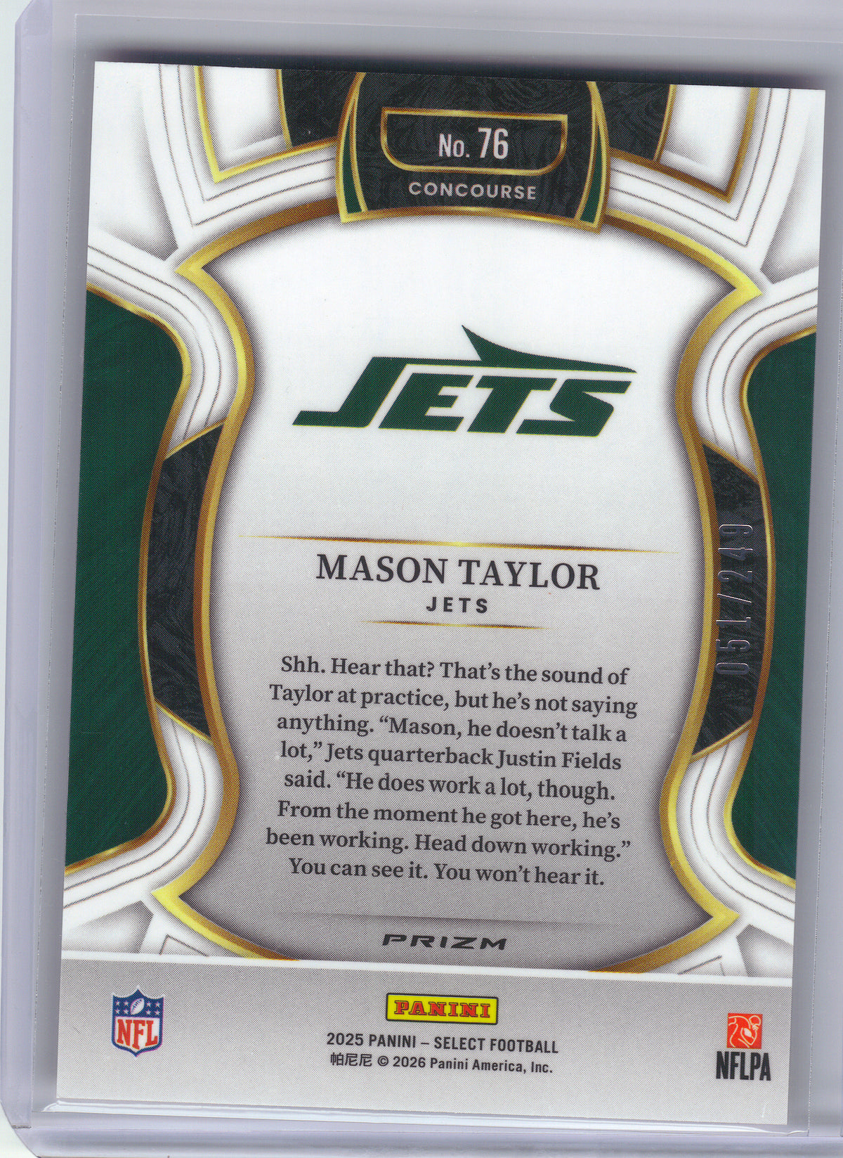 2025 Panini Select #76 Mason Taylor Red Prizm Shock #/249 New York Jets SN, RC