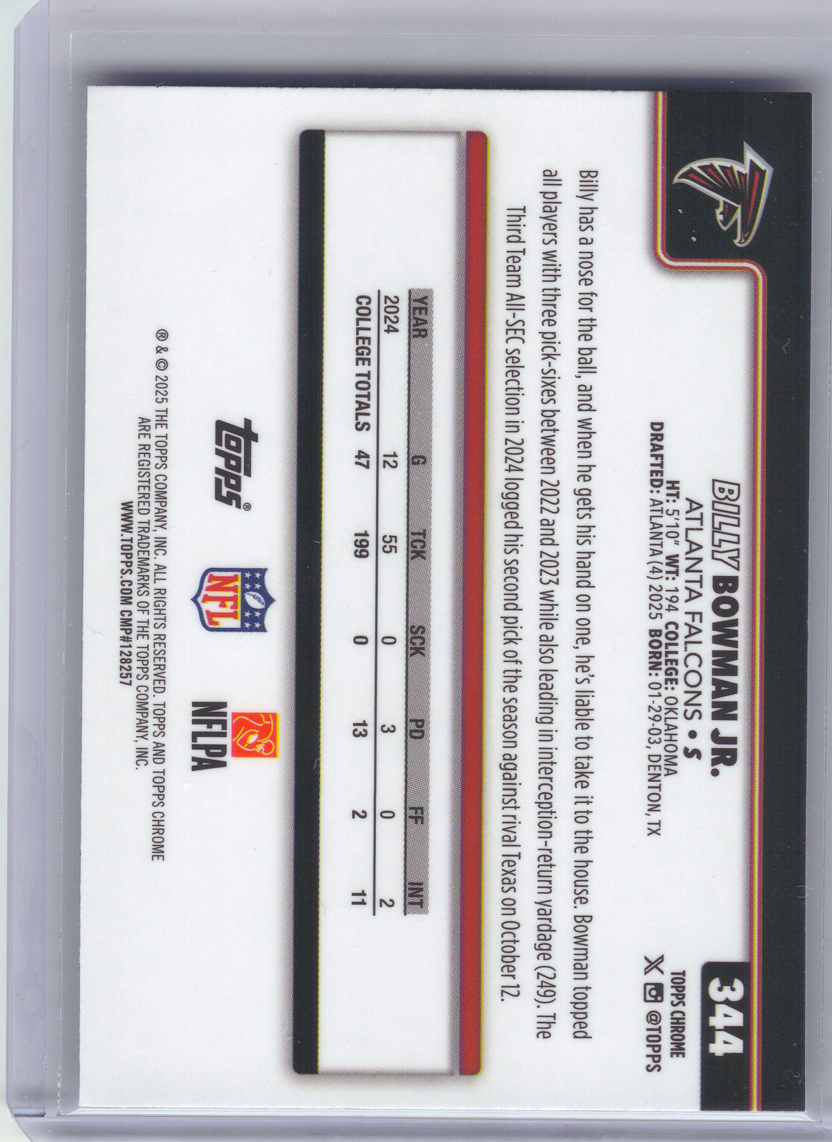 2025 Topps Chrome #344 Billy Bowman Jr. Atlanta Falcons RC