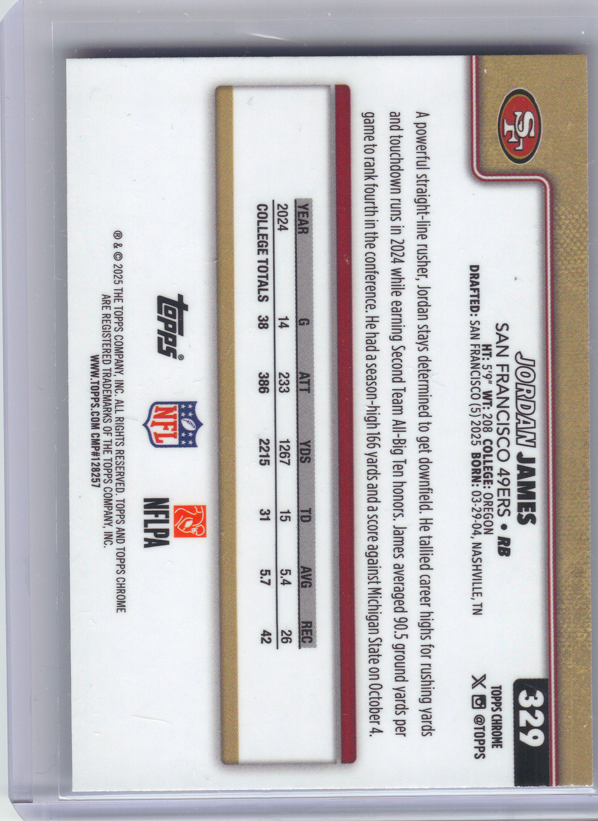 2025 Topps Chrome #329 Jordan James Red White and Blue Refractor San Francisco 49ers RC