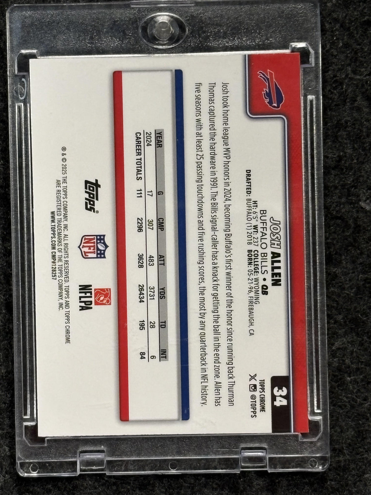 2025 Topps Chrome #34 Josh Allen Aqua Refractor #/199 Buffalo Bills SN
