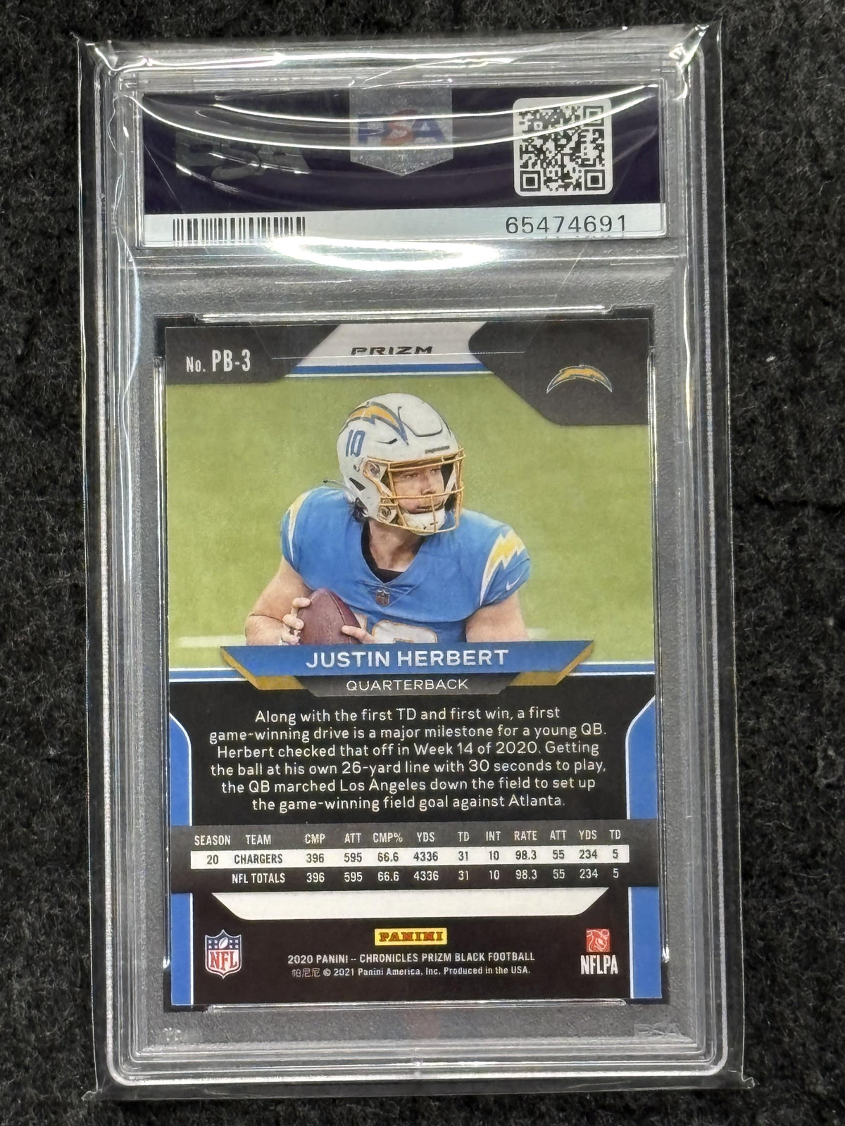 2020 Panini Chronicles Prizm Black #PB3 Justin Herbert Prizm Black-Silver PSA 10 Los Angeles Chargers