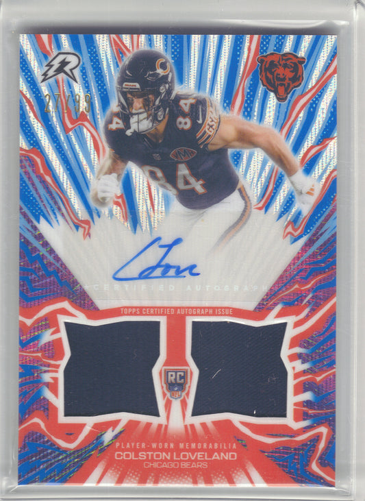 2025 Topps Resurgence #AU-CL Colston Loveland Amped Up Rookie Relic Autographs Blue Surge Refractor #/99 Chicago Bears SN, MEM, AU
