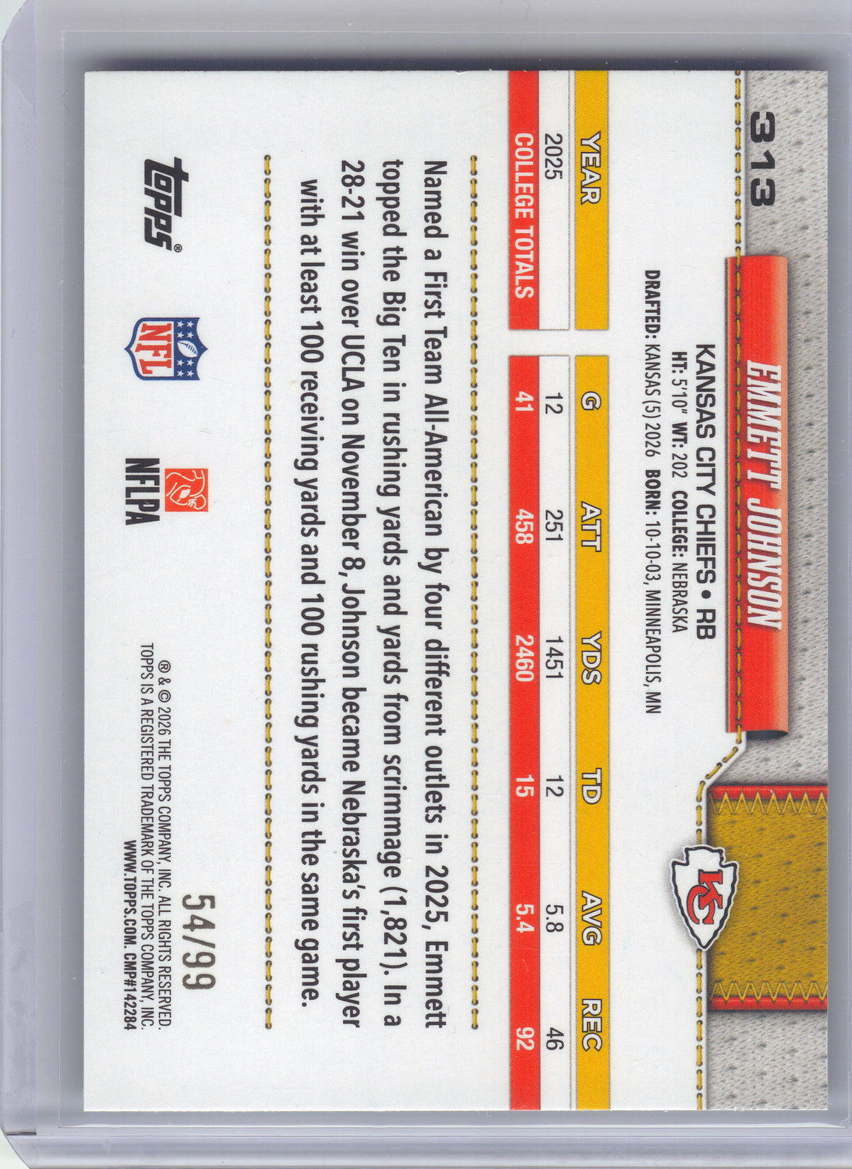 2026 Topps Flagship #313 Emmett Johnson Green Holo Foil #/99 Kansas City Chiefs SN