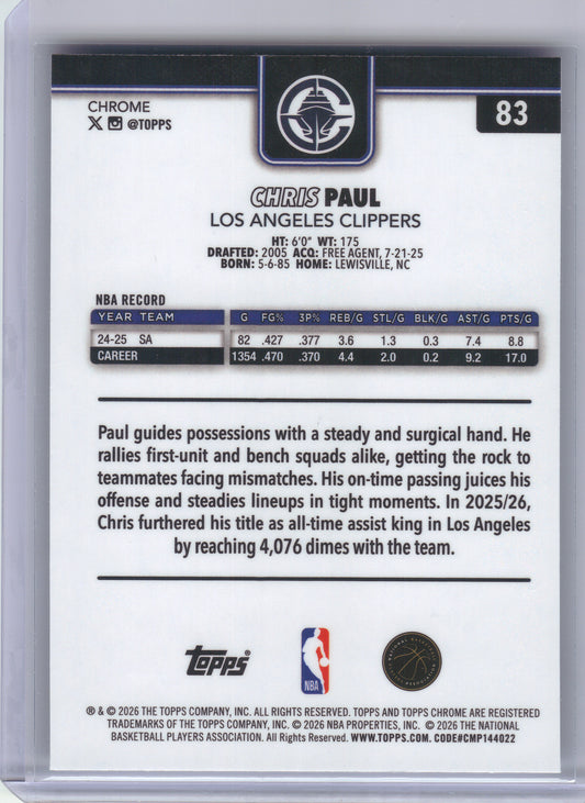 2025-26 Topps Chrome Update #83 Chris Paul X-Fractor Los Angeles Clippers