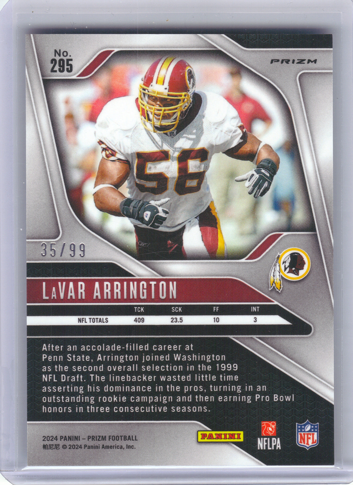 2024 Panini Prizm #295 LaVar Arrington No Huddle Blue #/99 Washington Redskins SN