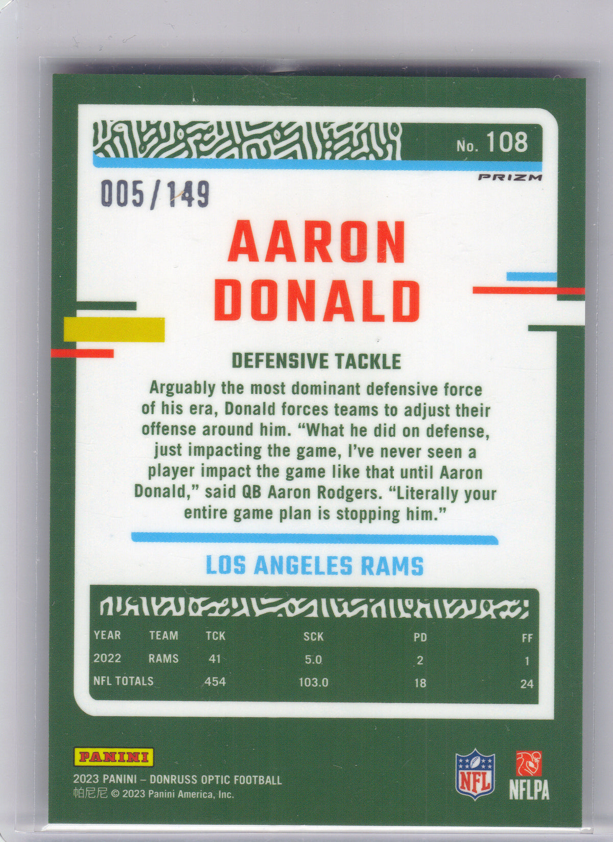 2023 Donruss Optic #108 Aaron Donald Flex #/149 Los Angeles Rams SN