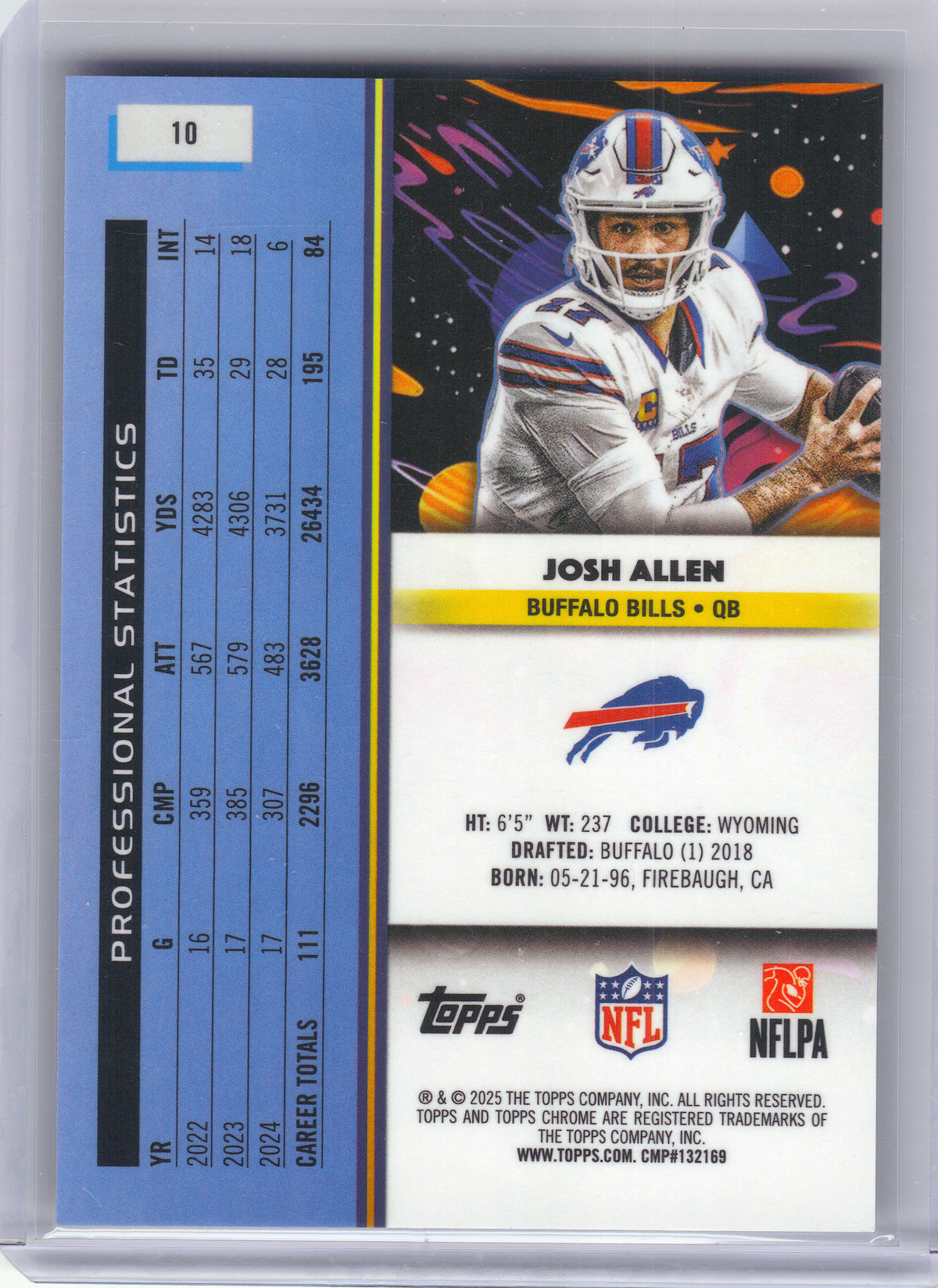 2025 Topps Chrome Cosmic #10 Josh Allen Purple Nebula Refractor #/150 Buffalo Bills SN