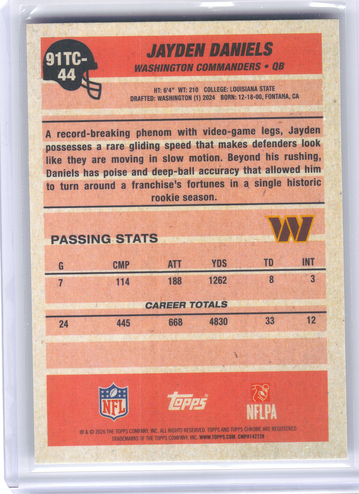 2026 Topps Flagship #91TC-44 Jayden Daniels 1991 Topps Football 35th Anniversary Chrome Washington Commanders