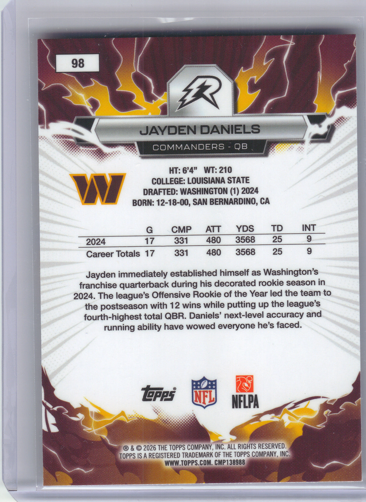 2025 Topps Resurgence #98 Jayden Daniels Blue & Orange Spark Refractor Washington Commanders