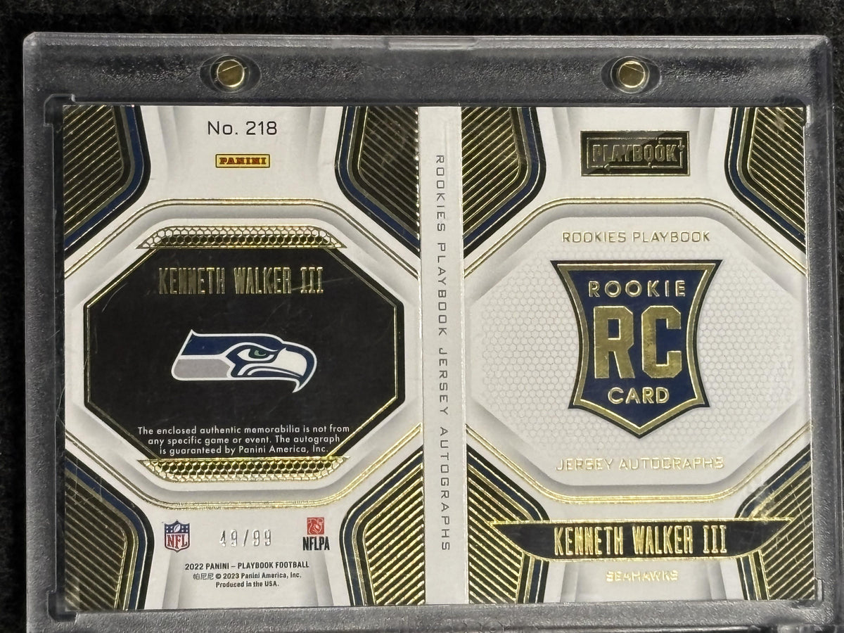 2022 Panini Playbook #218 Kenneth Walker III Gold #/99 Seattle Seahawks SN, RC, MEM, AU