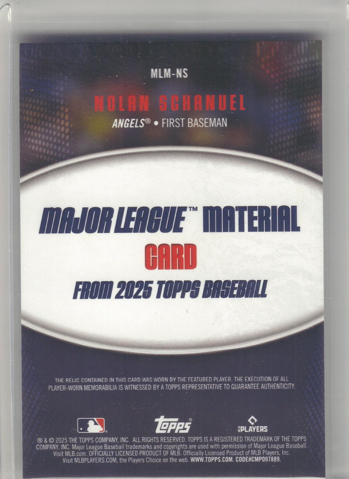 2025 Topps #MLM-NS Nolan Schanuel Major League Material Relics (Series One) Los Angeles Angels MEM