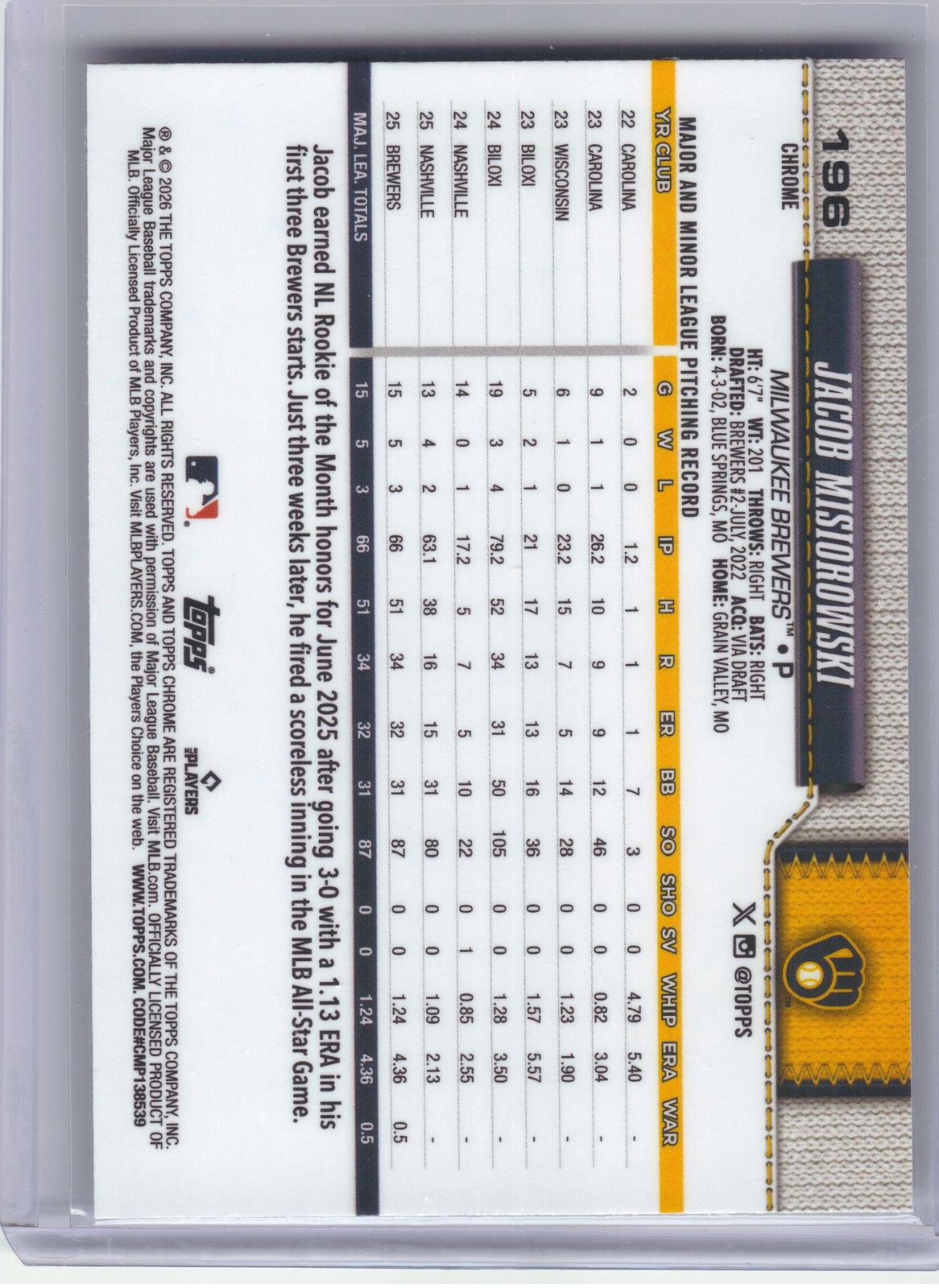 2026 Topps Chrome #196 Jacob Misiorowski Milwaukee Brewers RC
