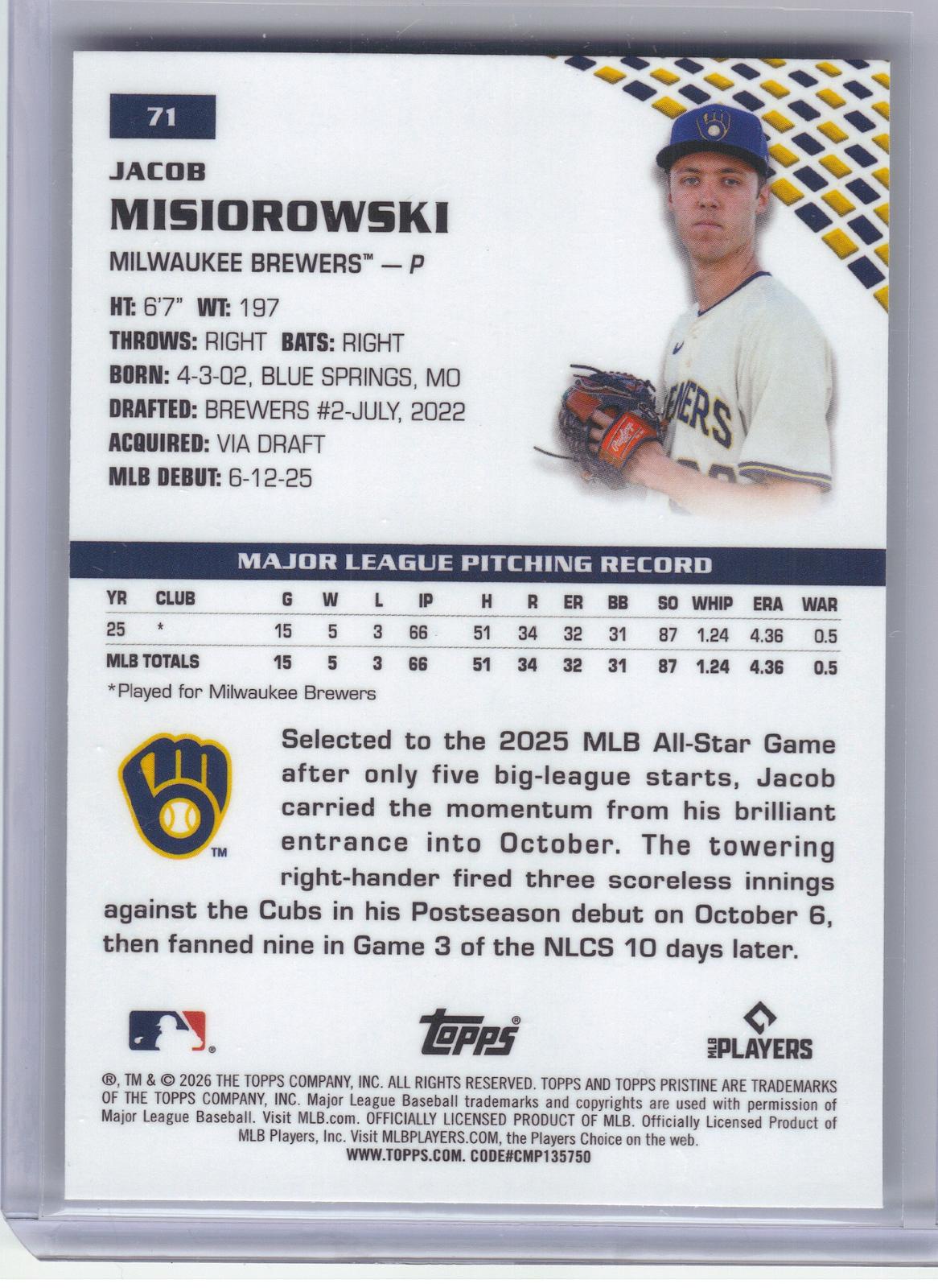 2026 Topps Pristine #71 Jacob Misiorowski Milwaukee Brewers RC