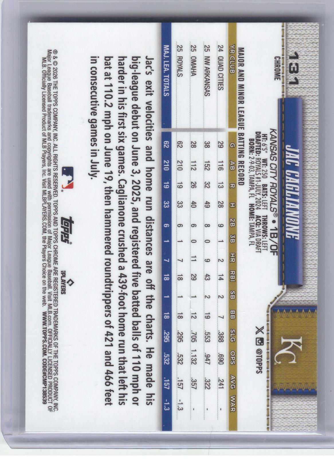 2026 Topps Chrome Logofractor Edition #131 Jac Caglianone Kansas City Royals RC