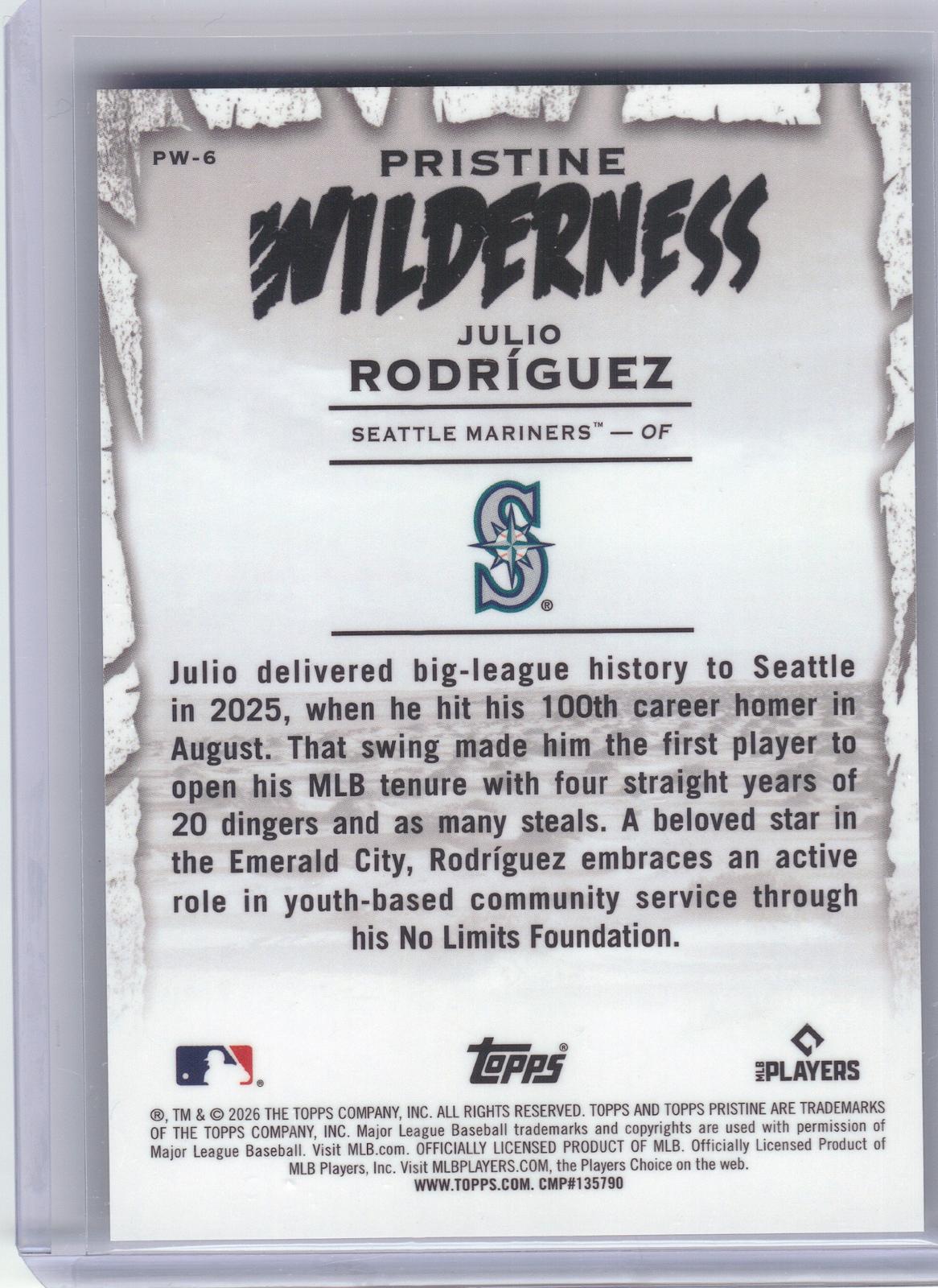 2026 Topps Pristine #PW-6 Julio Rodríguez Pristine Wilderness Blue Refractor #/75 Seattle Mariners SN