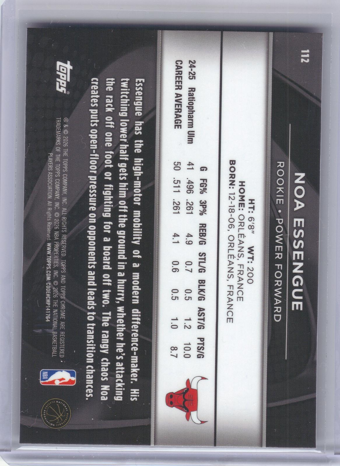 2025-26 Topps Chrome Black #112 Noa Essengue Chicago Bulls RC