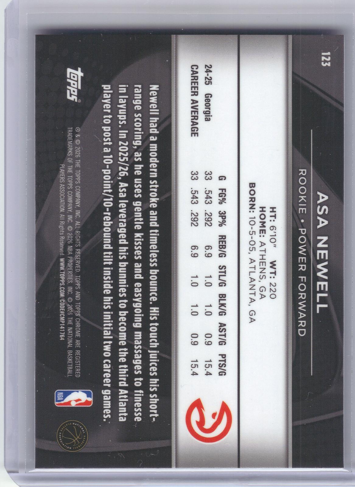 2025-26 Topps Chrome Black #123 Asa Newell Atlanta Hawks RC