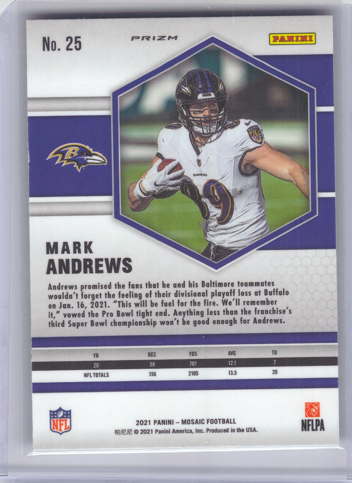 2021 Panini Mosaic #25 Mark Andrews Prizm Reactive Yellow Baltimore Ravens
