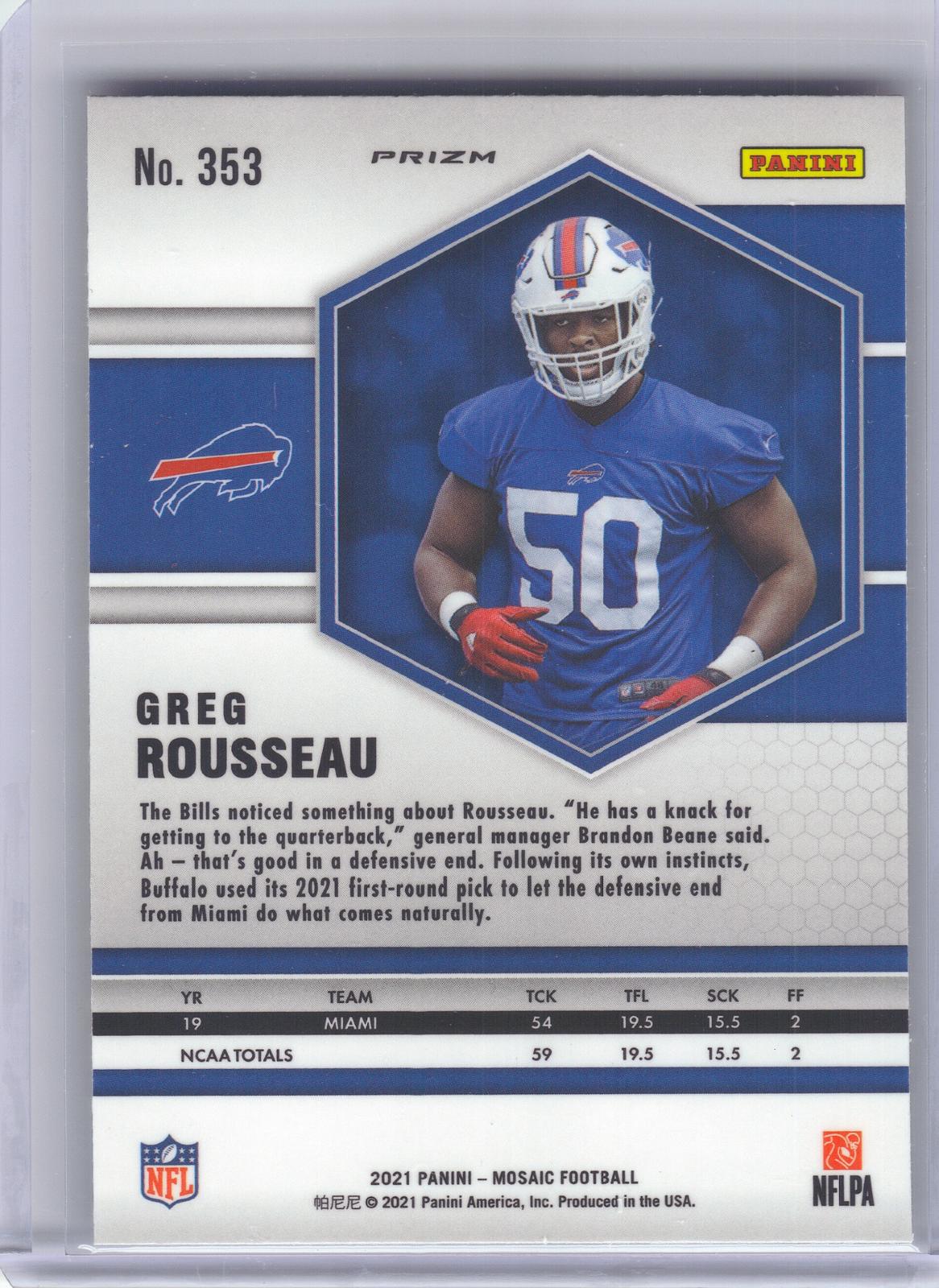 2021 Panini Mosaic #353 Greg Rousseau Prizm Reactive Yellow Buffalo Bills RC