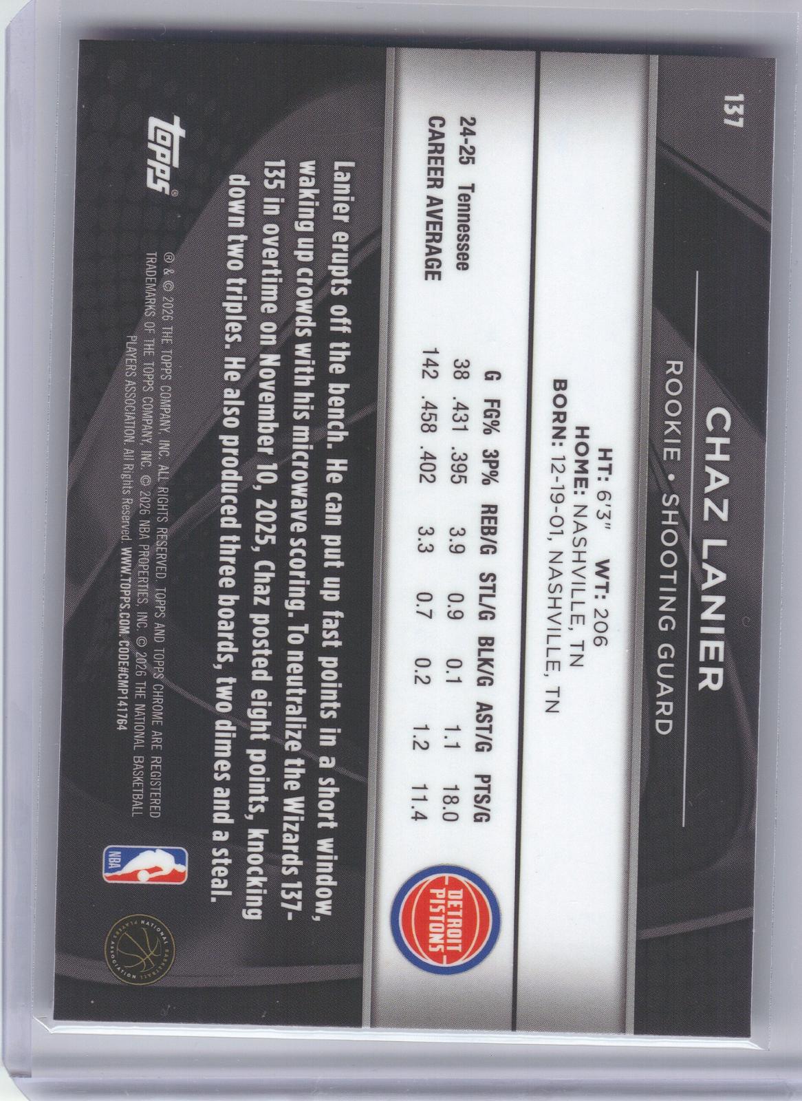 2025-26 Topps Chrome Black #137 Chaz Lanier Detroit Pistons RC