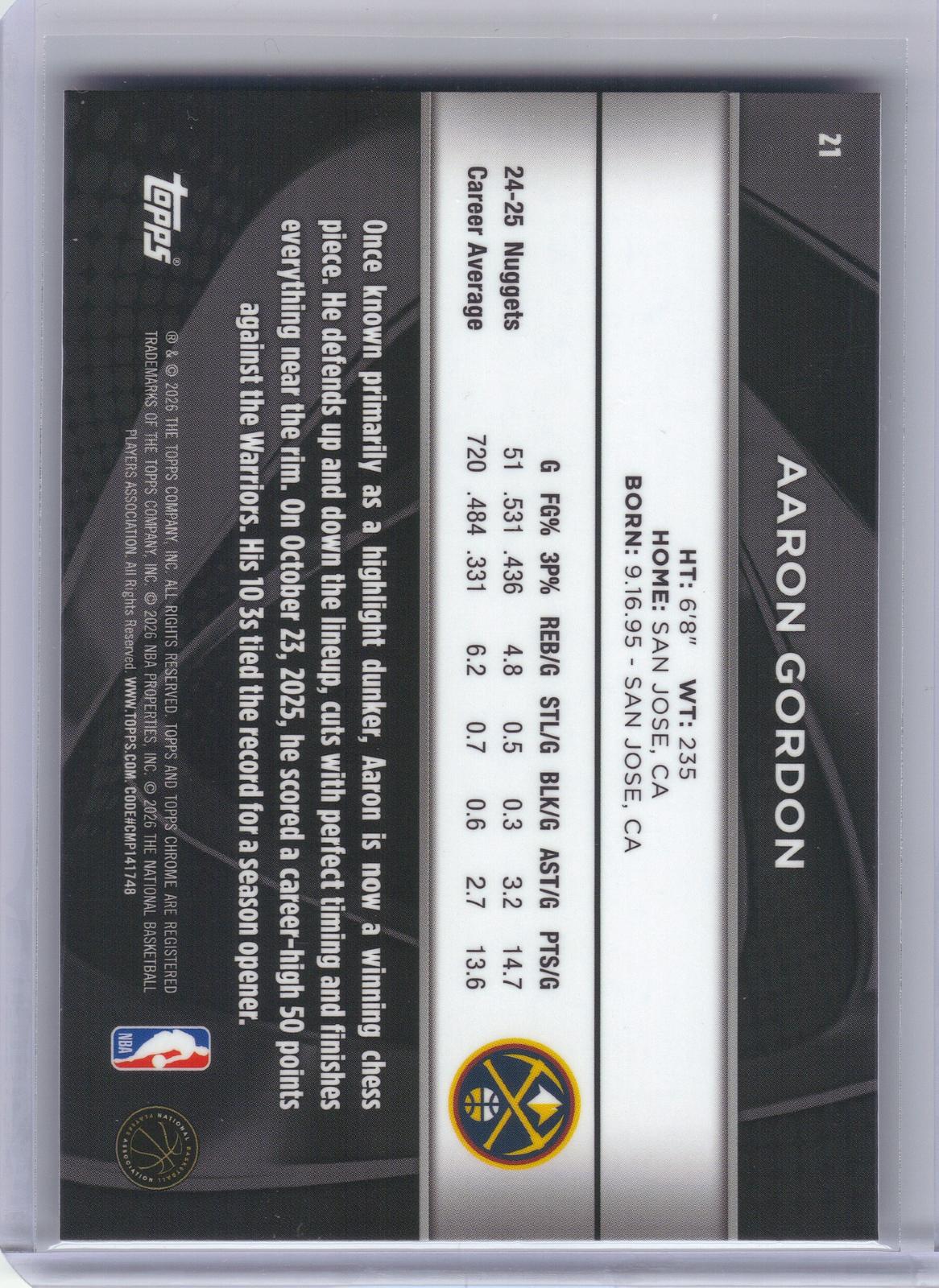 2025-26 Topps Chrome Black #21 Aaron Gordon Denver Nuggets