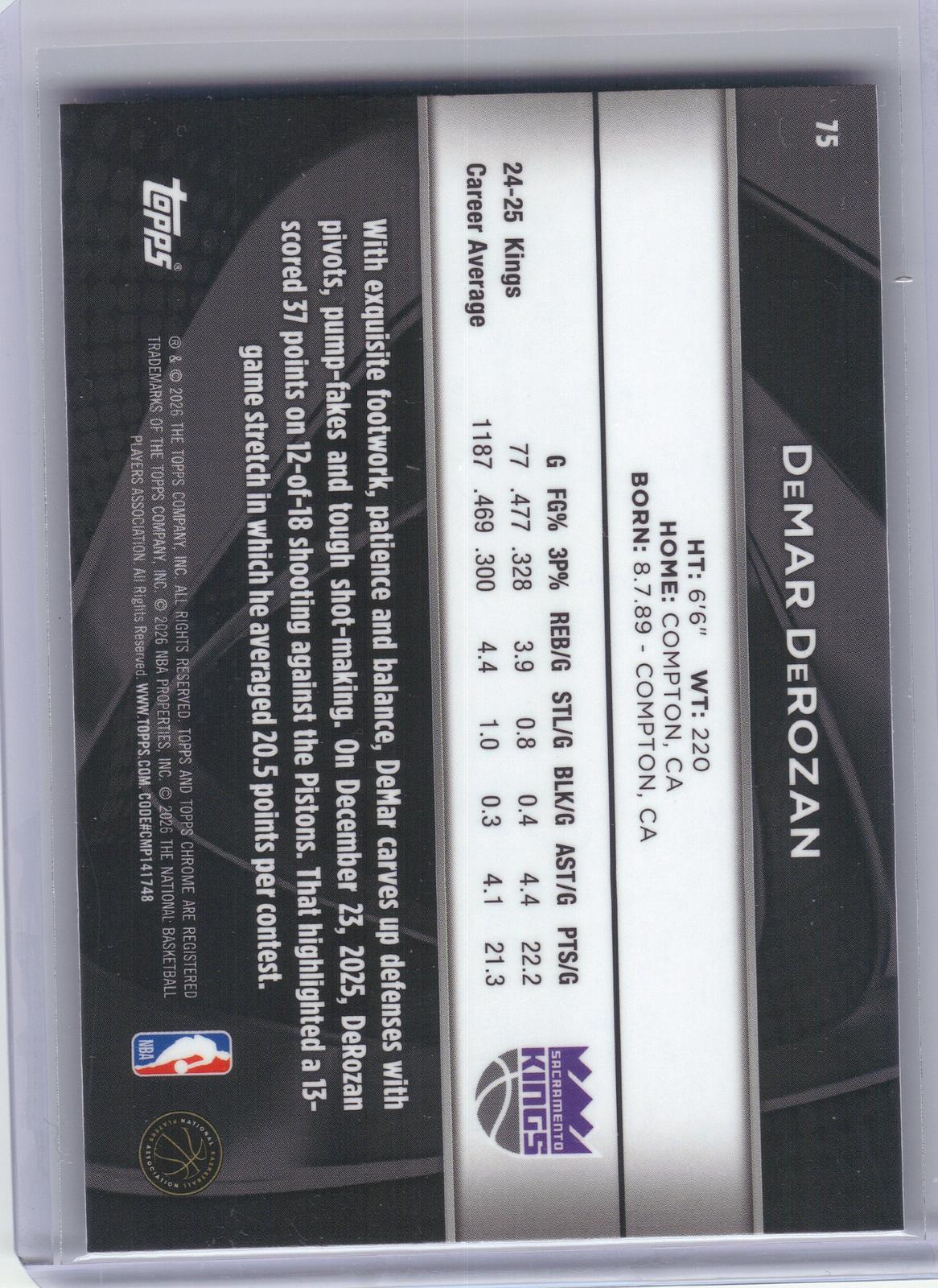 2025-26 Topps Chrome Black #75 DeMar DeRozan Sacramento Kings